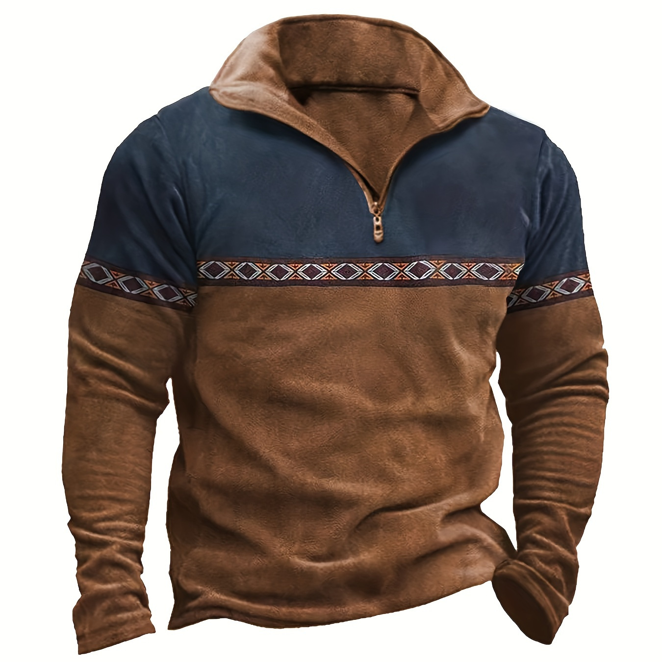 

Men's Ethnic Pattern Striped Color Blocking Long Sleeve Henley Shirt, Casual Trendy Buttons Tops For Autumn And Winter