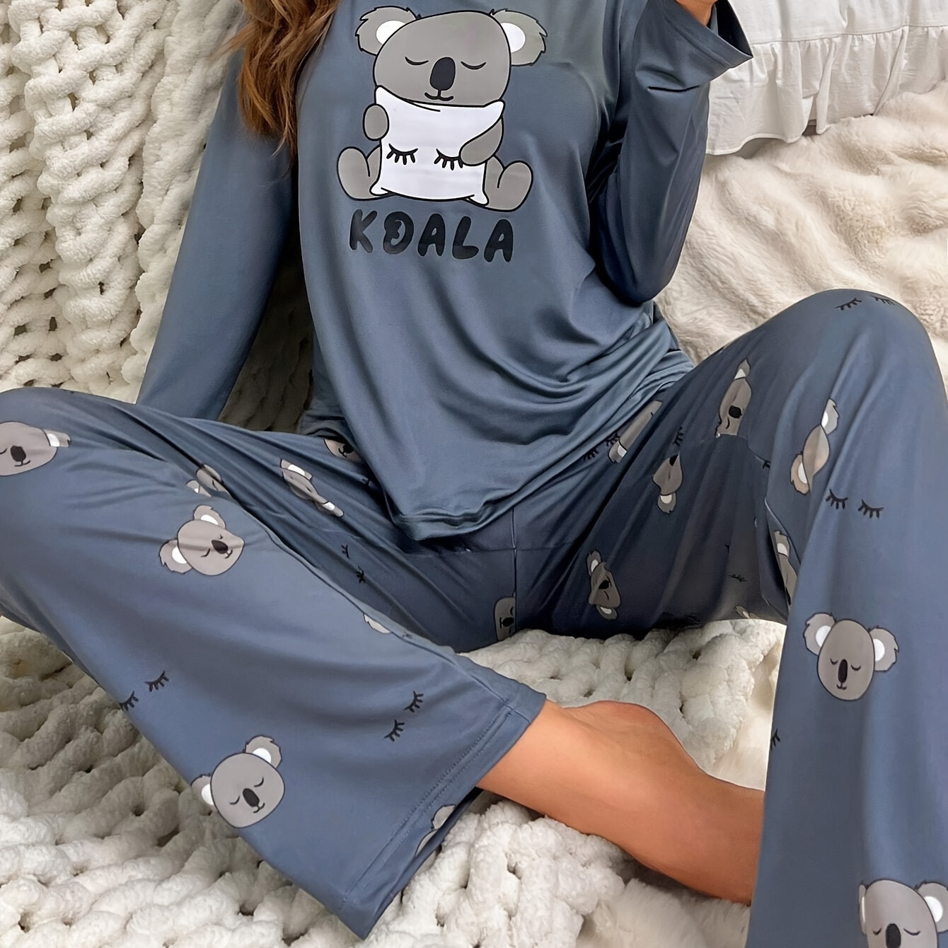 

Cozy Koala Print Women's Pajama Set - Long Sleeve, Round Neck Top & Waist Pants, Soft Polyester , Machine Washable