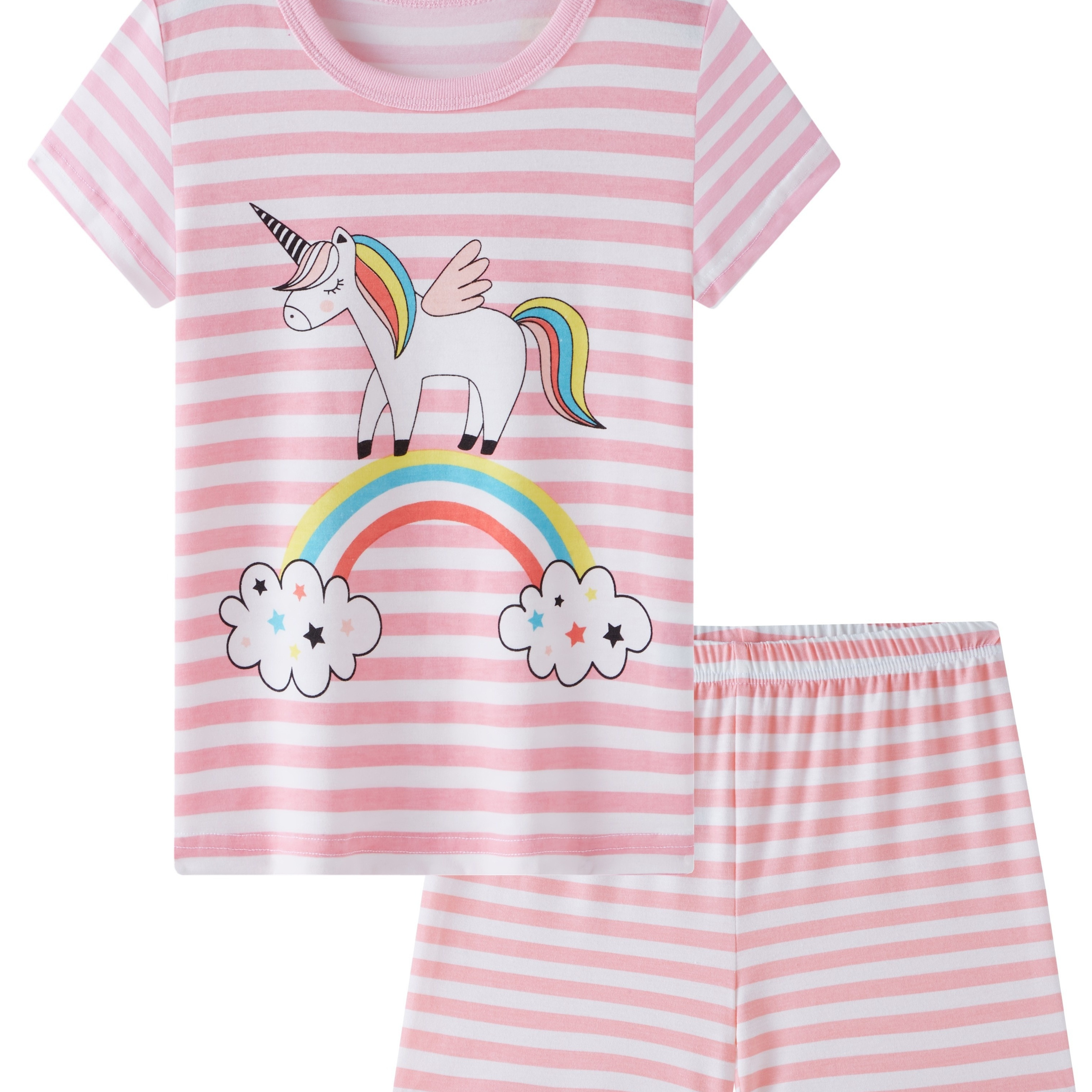 

2pcs Girls Pajamas Set, Cute Cartoon Unicorn Rainbow Pattern Short Sleeve Striped Top + Shorts Summer Loungewear Set