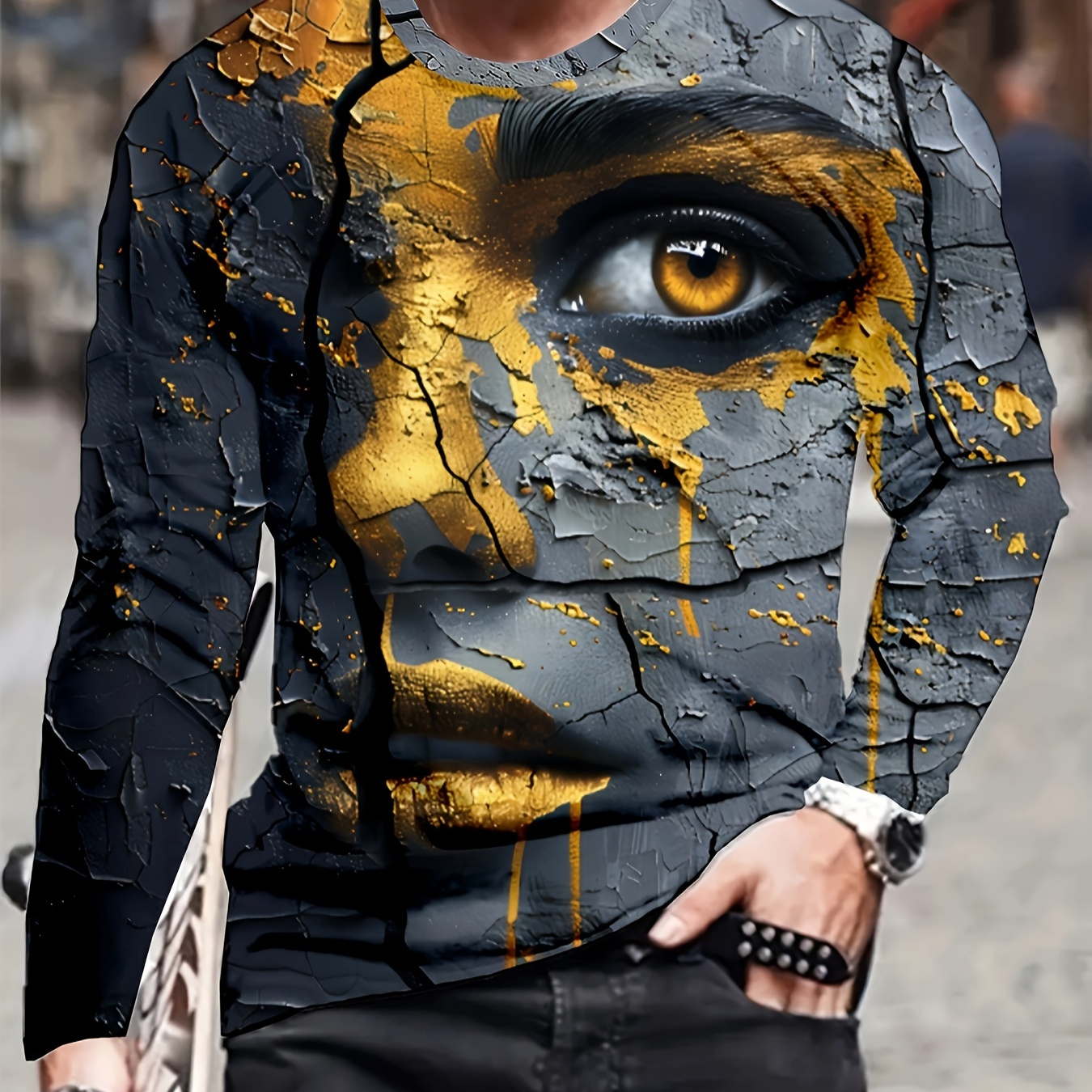 

Men' Distressed Long Sleeve T-shirt, Casual Crew Neck Polyester Knit Pullover, Regular Fit Top