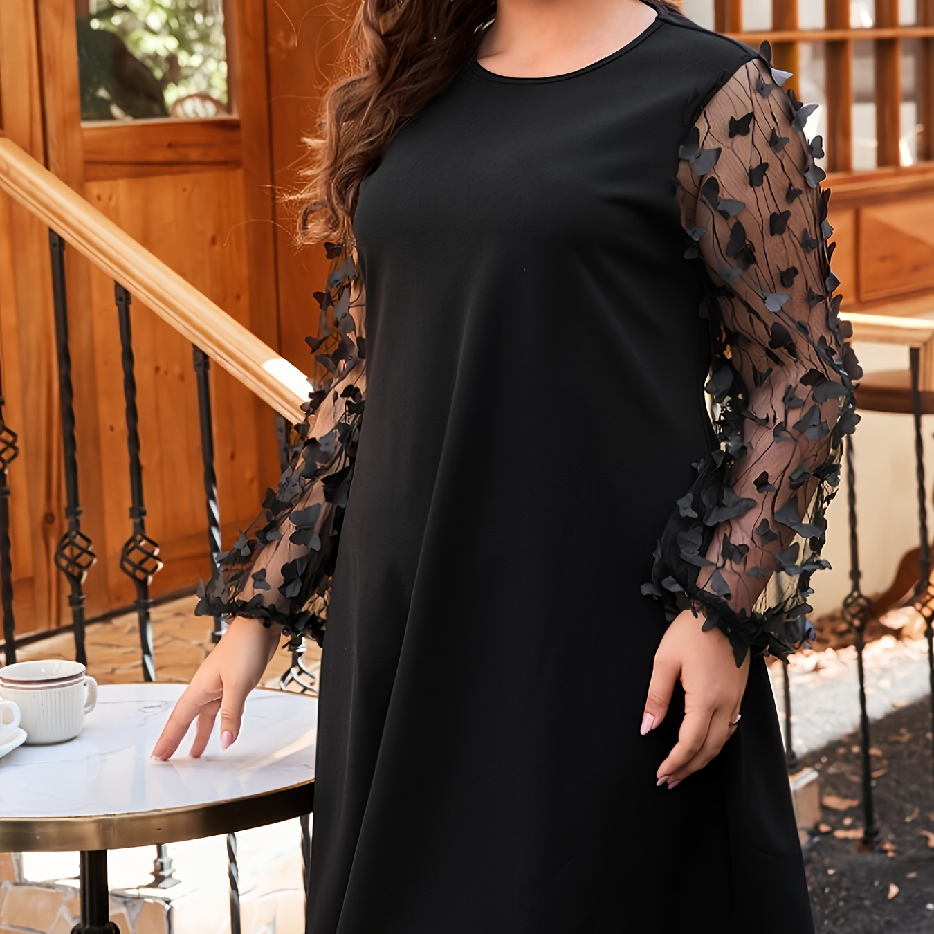 

Plus Size Applique Crew Neck Dress, Elegant Long Sleeve Loose Fit Shift Dress For Spring & Fall, Women's Plus Size Clothing