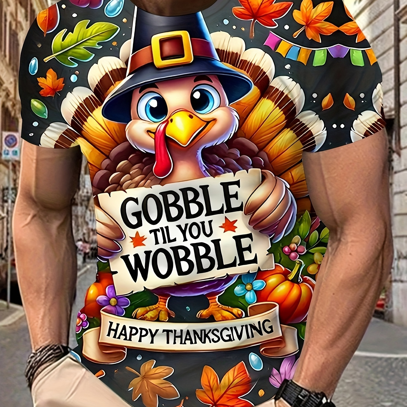 

Festive Thanksgiving Turkey 3d Graphic T-shirt - Casual Crew Neck Polyester Knit With Slight Stretch - Regular Fit Men's Tee With