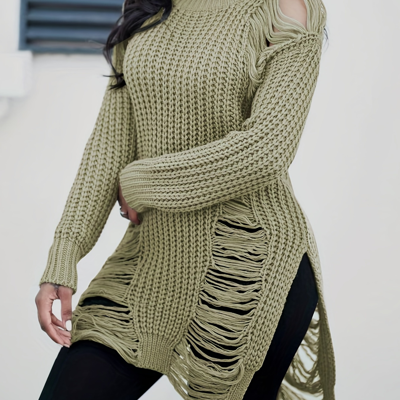 

Solid Crew Neck Ripped Split Pullover Sweater, Sexy Long Sleeve Sweater For Spring & Fall, Women's Clothing