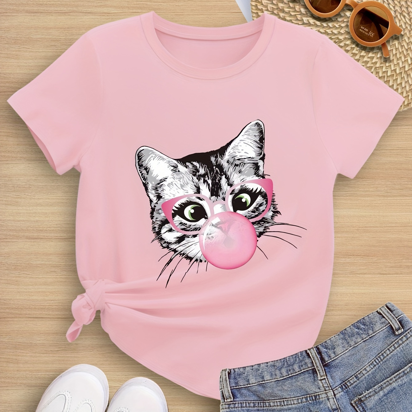 

Cat Blowing Bubble Gum Print, Short Sleeve T-shirt For Girls, Tee Shirt For Summer