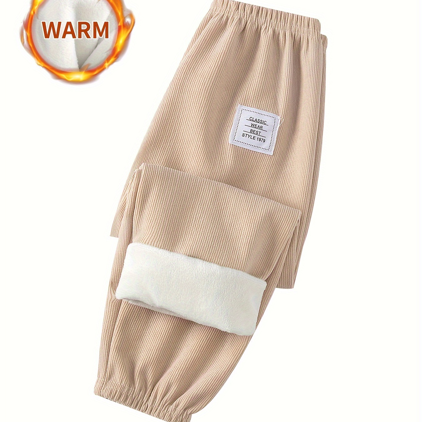 

' Cozy Fleece-lined Corduroy Joggers -, Solid Color With Pockets, Waistband For - Fall/winter Outdoor Activities