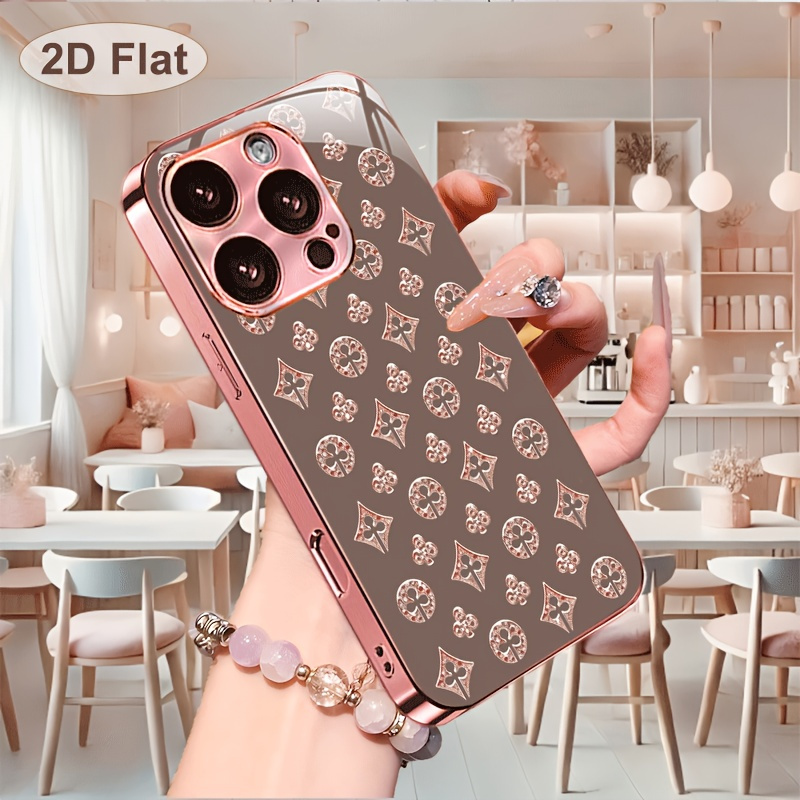 TEMU Phone Case - Brown Golden Diamond Grid Retro Dark Pattern Plated Pink Women's Original Phone Case Suitable For Iphone 17/17 Air/17 Pro/17 Pro