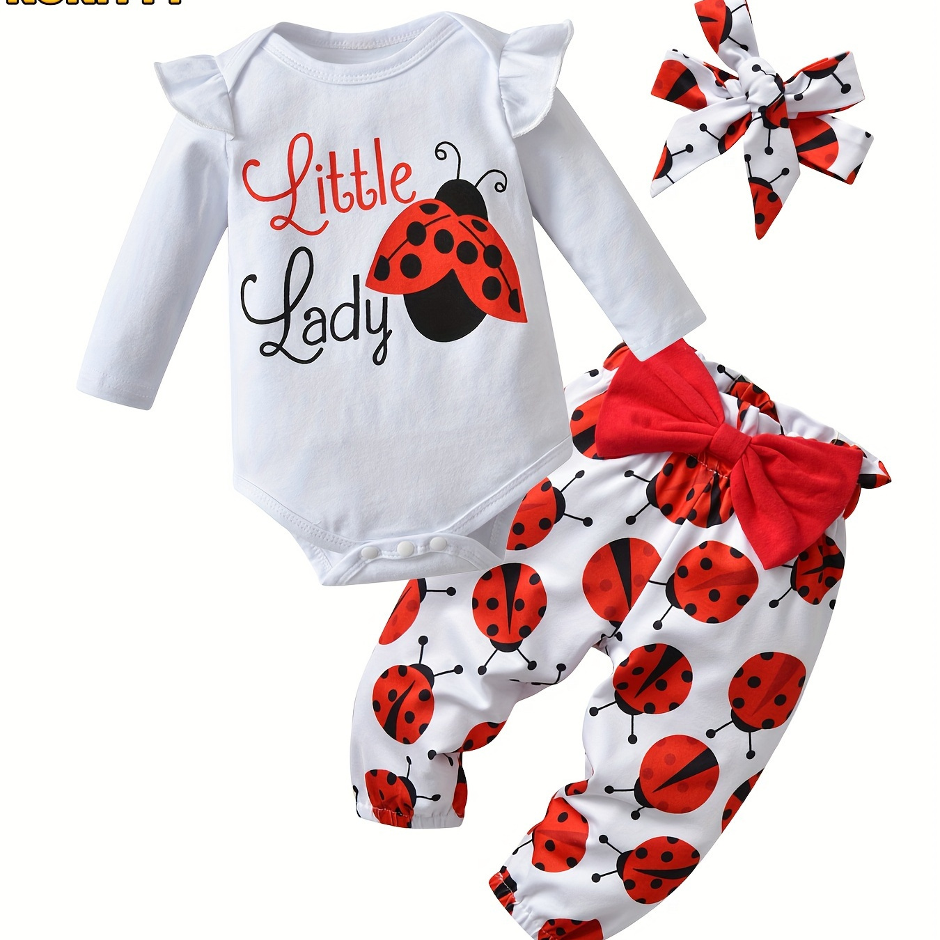 

Kukitty Newborn Baby Girl Clothes Long Sleeve Ladybug Print Romper Tops Bow Pants Headband 3pcs Outfits Set