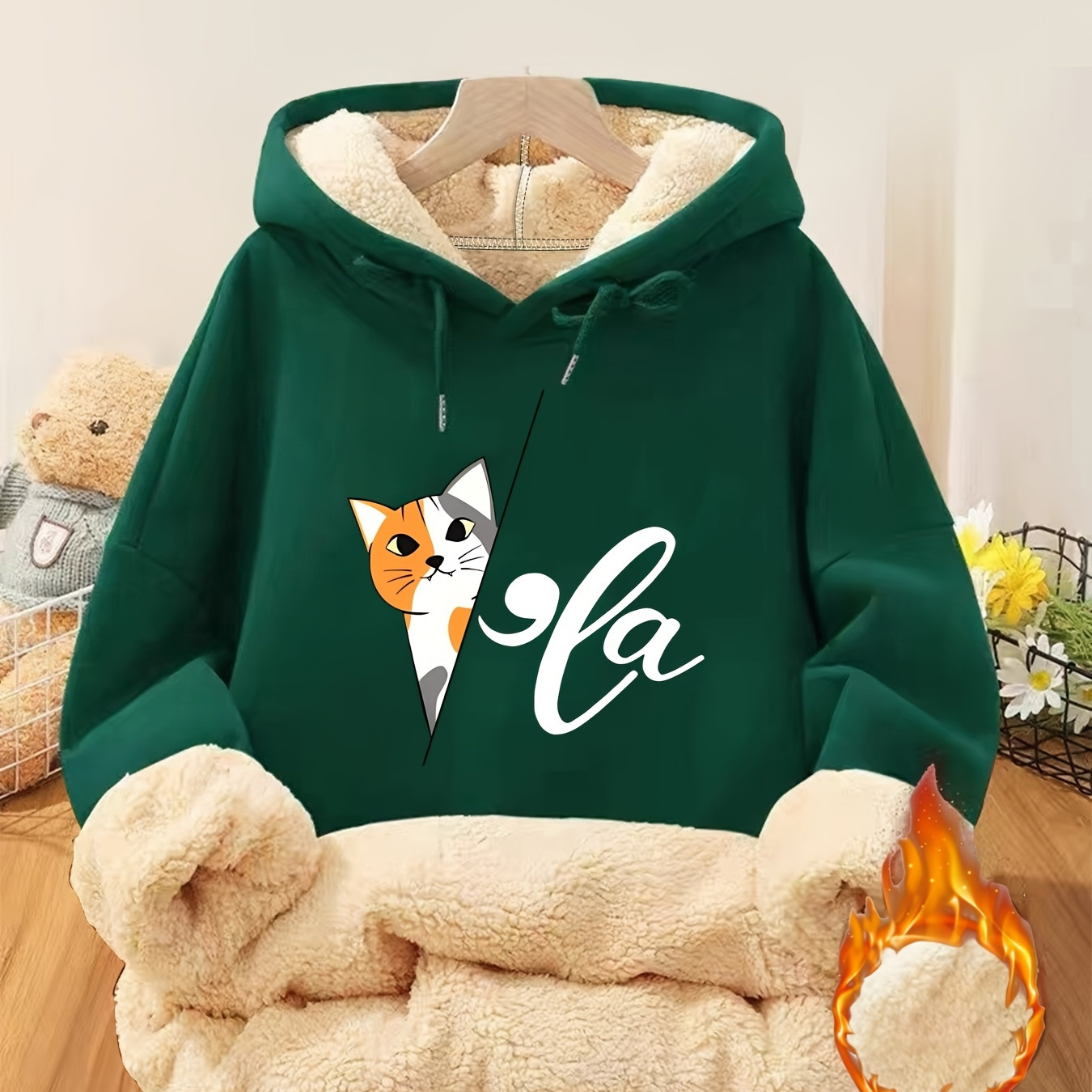 

Plus Size Cat & Letter Print Hoodie, Casual Kangaroo Pocket Long Sleeve Hooded Sweatshirt, Women's Plus Size Clothing