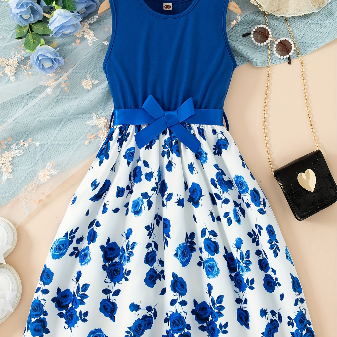 

Elegant Girls Splicing Flower Print Belted Sleeveless Dress Casual Dresses For Summer Party Gift Holiday