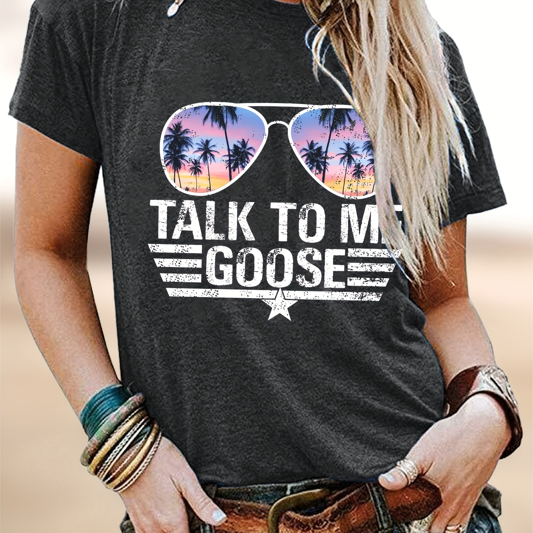

Talk To Me Goose Print T-shirt, Short Sleeve Crew Neck Casual Top For Summer & Spring, Women's Clothing