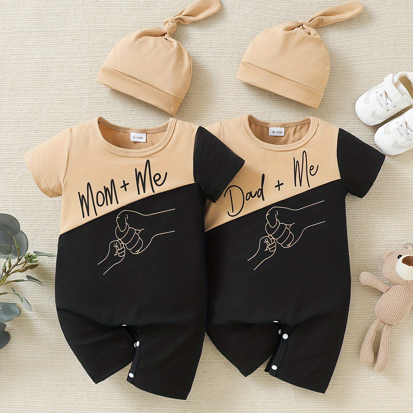 

2pcs Baby's "mom+me" Print Color Clash Bodysuit & Hat, Casual Short Sleeve Romper, Toddler & Infant Boy's Clothing