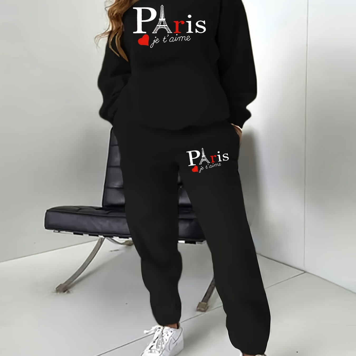 

Ensemble deux pièces imprimé Paris grande taille, tenue décontractée sweat-shirt à col rond à manches longues et pantalon de survêtement, vêtements grande taille pour femmes