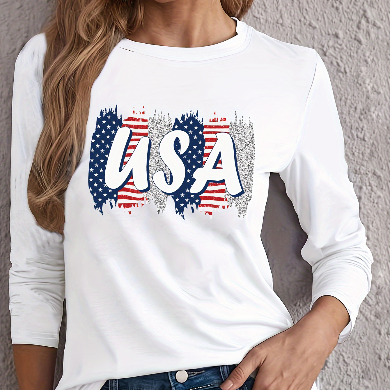 

Usa Print T-shirt, Long Sleeve Crew Neck Casual Top For Spring & Fall, Women's Clothing