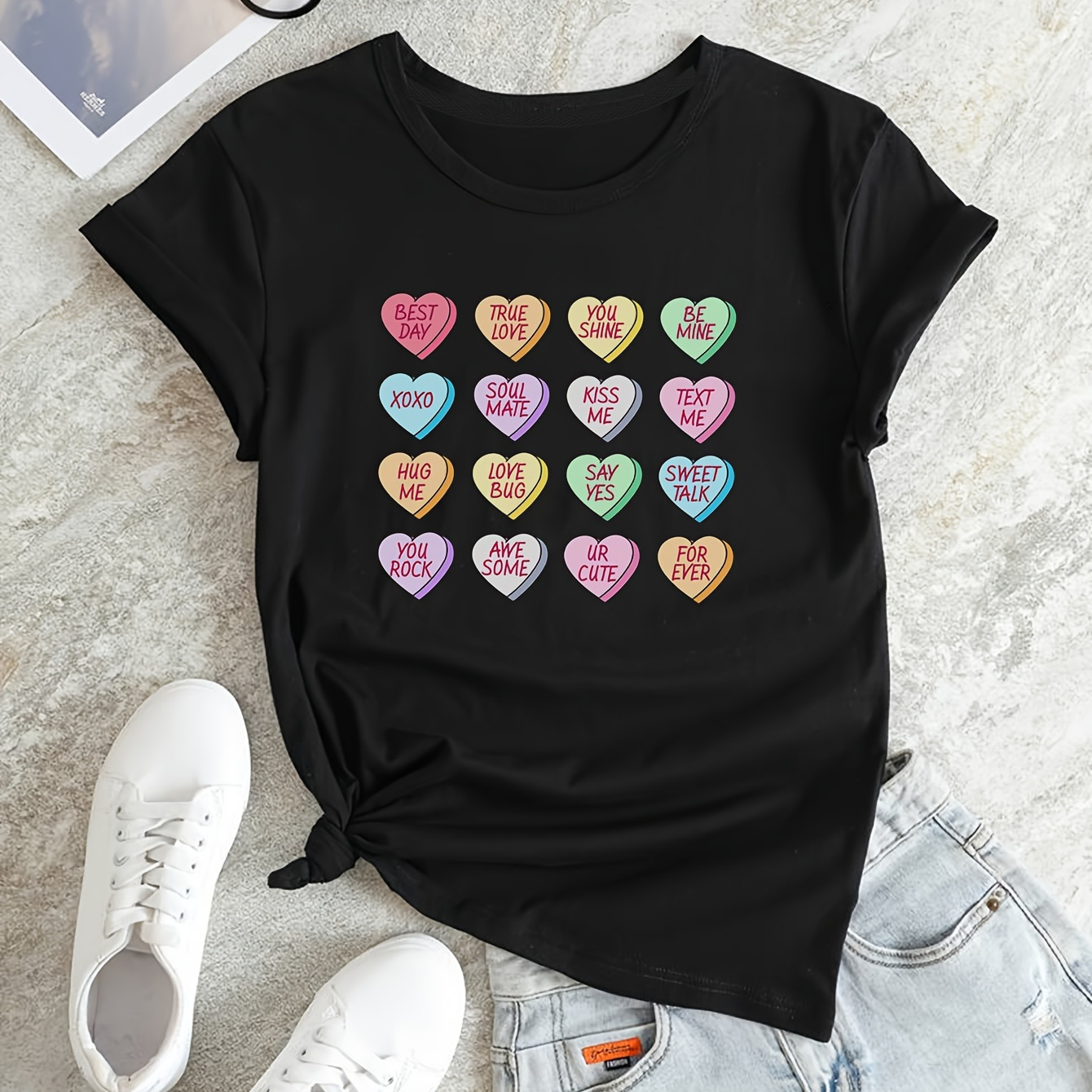 

Heart & Letter Print Casual T-shirt, Round Neck Short Sleeves Stretchy Versatile Sports Tee, Valentine's Day Women's Tops