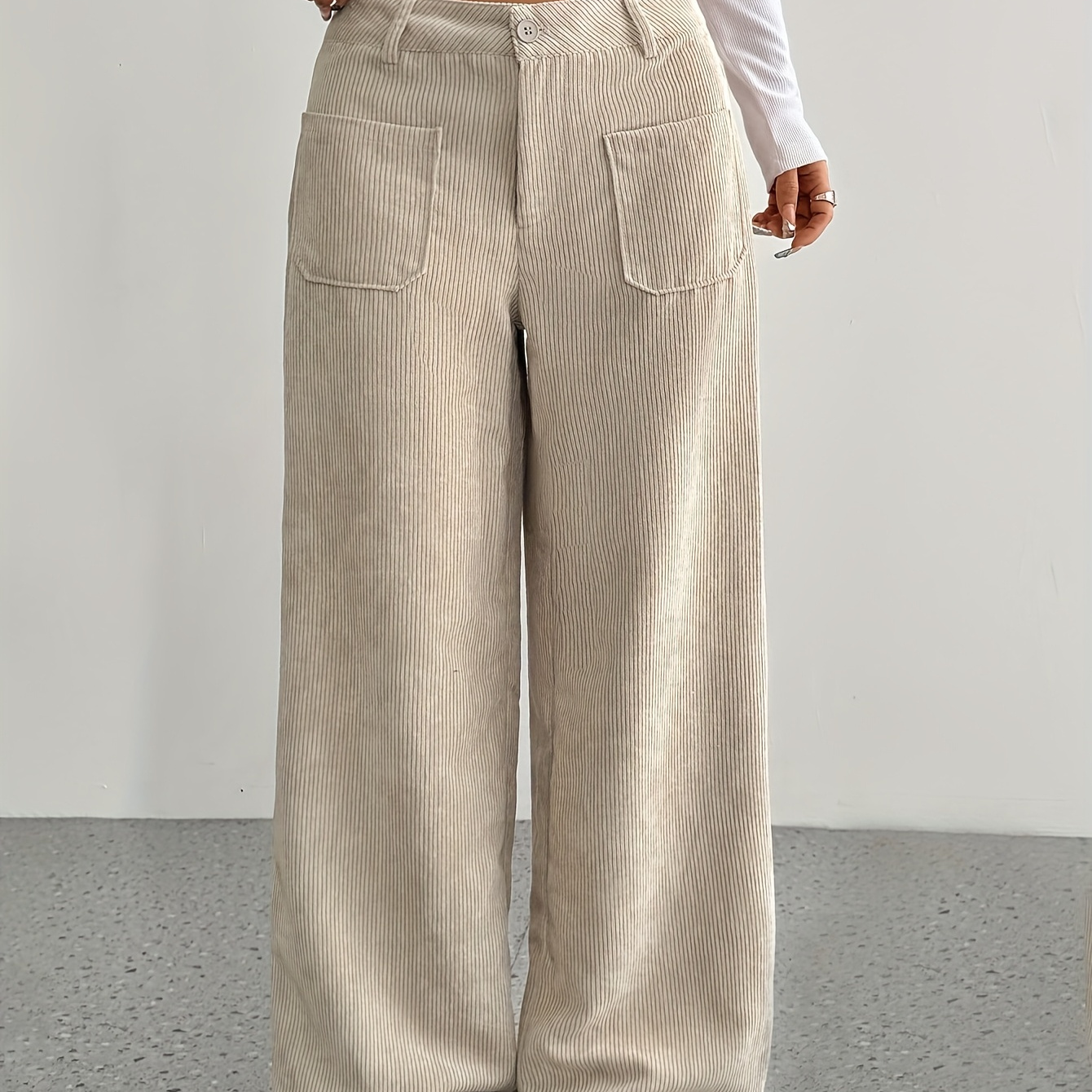 

1pc Women's Casual Corduroy Wide Leg Pants, Solid Pattern, Polyester, , Adult Fit, Woven Fabric