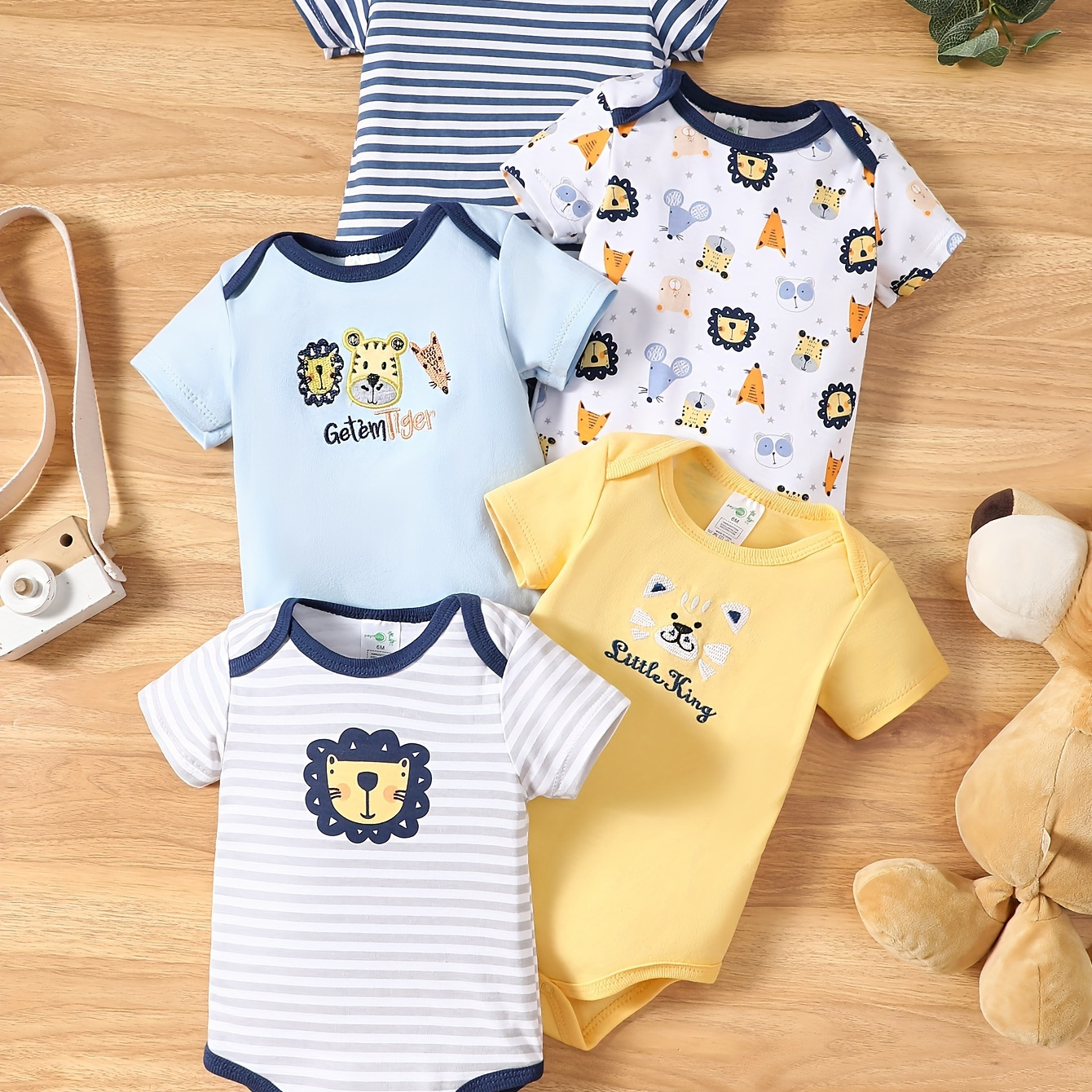 

5-pack Baby Girls Boys Pure Cotton Bodysuits, Cute Animal Lion Pattern, Short Onesies In Light Color Tones, Comfortable Snapsuit Set For Infants