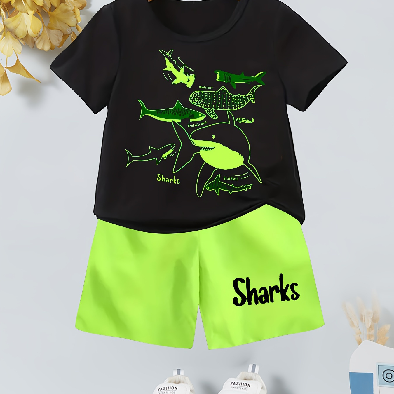 

2pcs Boys Casual Cool Shark Graphic Print Short Sleeve T-shirt&shorts Set, Comfy Summer Kids Clothes