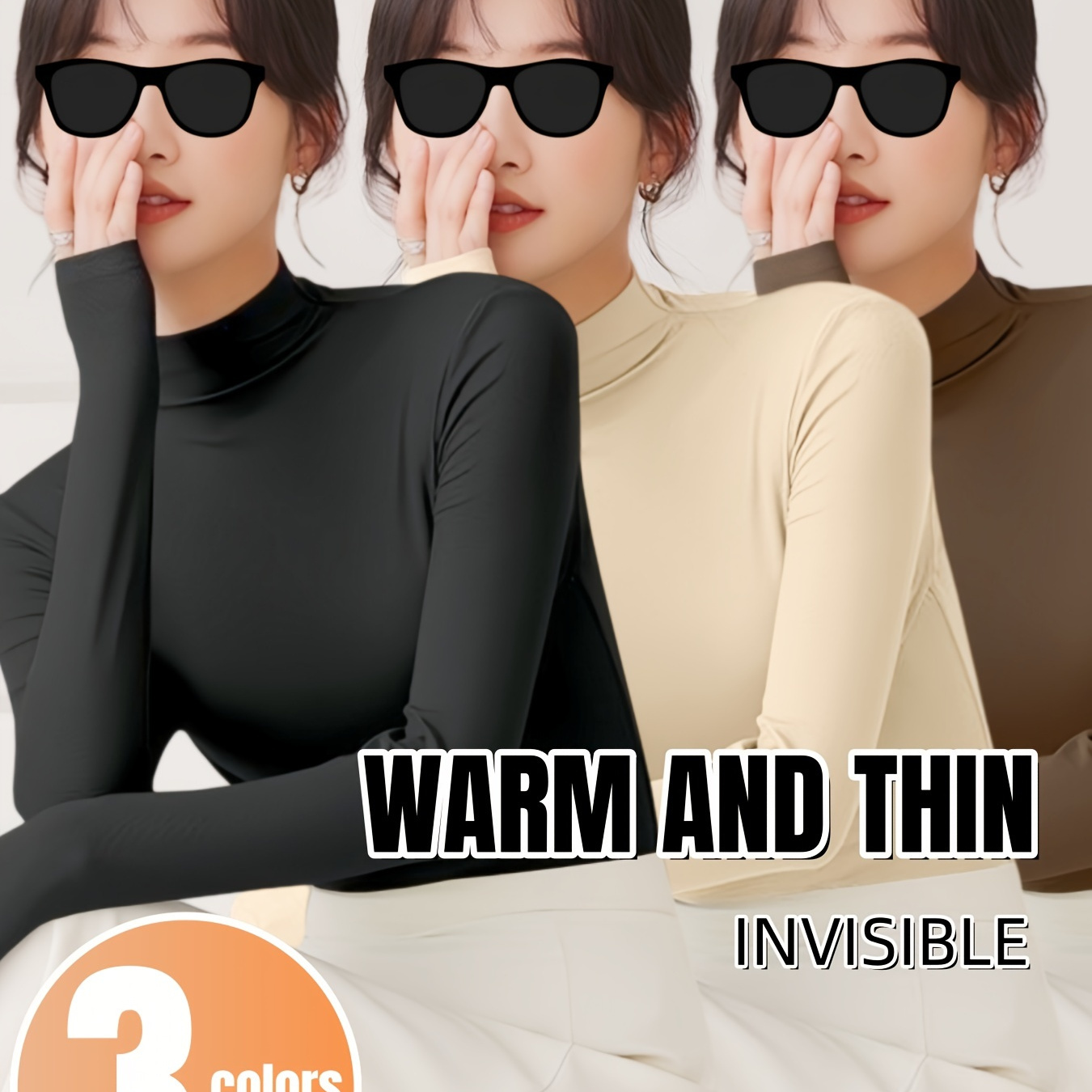 

Elegant 3pcs Women's Long Sleeve Turtleneck T-shirts - Warm, Stretchy Polyester For Fall/winter