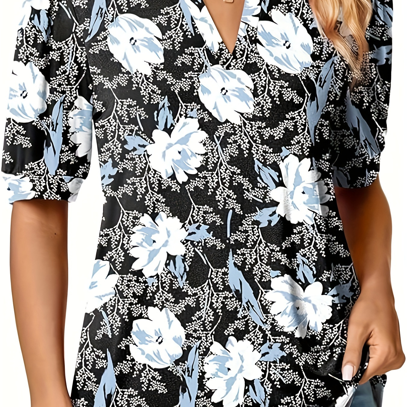

Floral Print Notched Neck Blouse, Vintage Short Sleeve Blouse For Spring & Summer, Women's Clothing