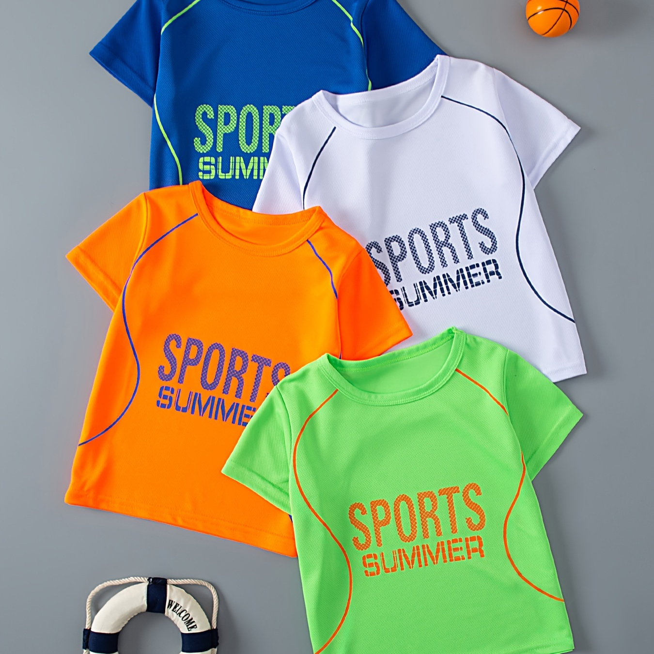 

4 t-shirts à manches courtes pour garçons avec inscription SPORTS SUMMER - Vêtements d'été cool, légers et confortables !