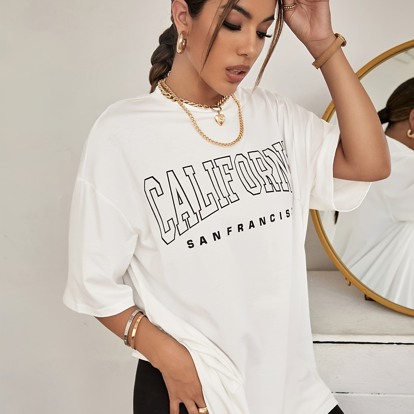 

California Print Two-piece Set, Casual Short Sleeve T-shirt & Skinny Shorts Outfits, Women's Clothing