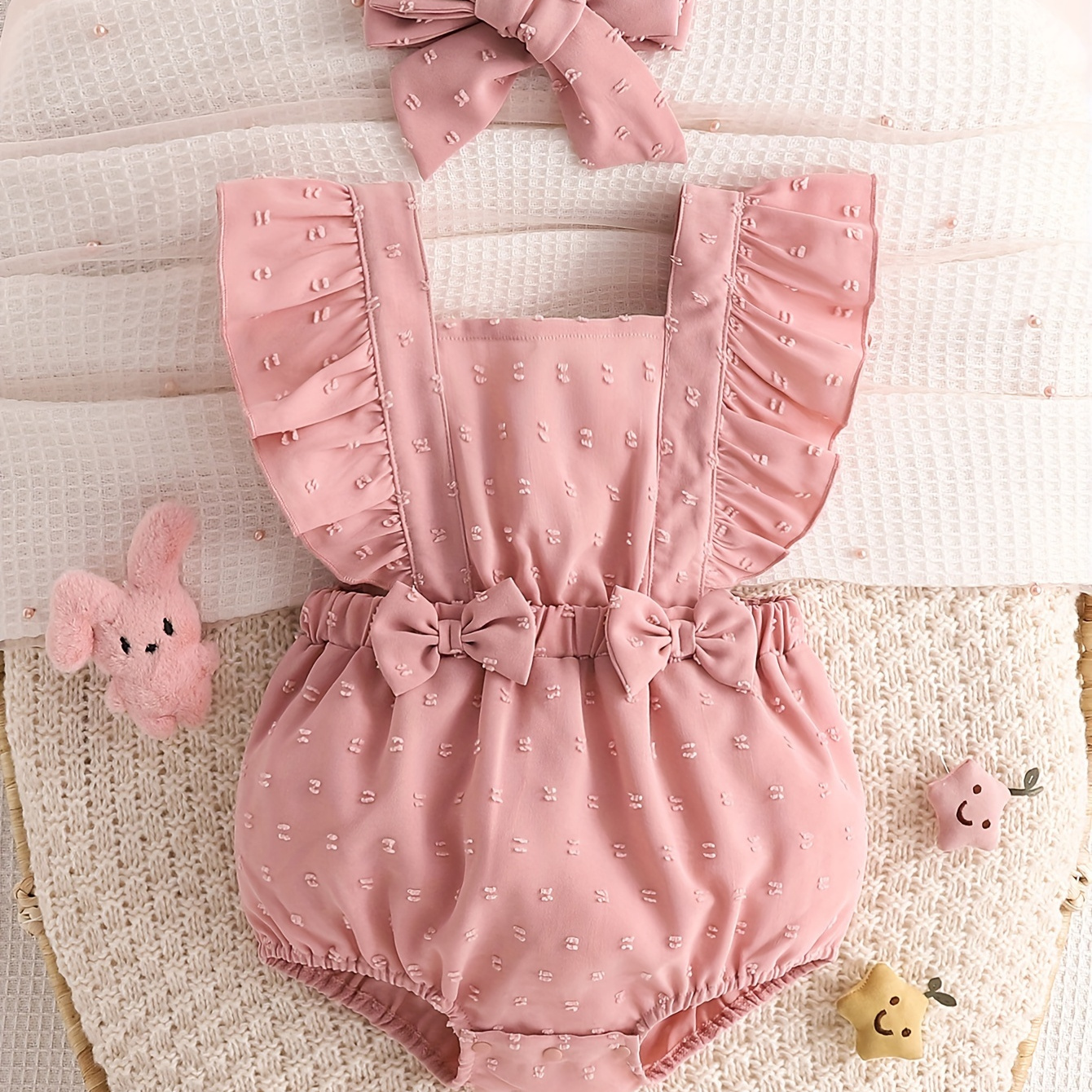 

Baby's Cute Bowknot Decor Solid Color Triangle Bodysuit, Casual Textured Ruffle Sleeve Romper, Toddler & Infant Girl's Onesie For Summer, As Gift