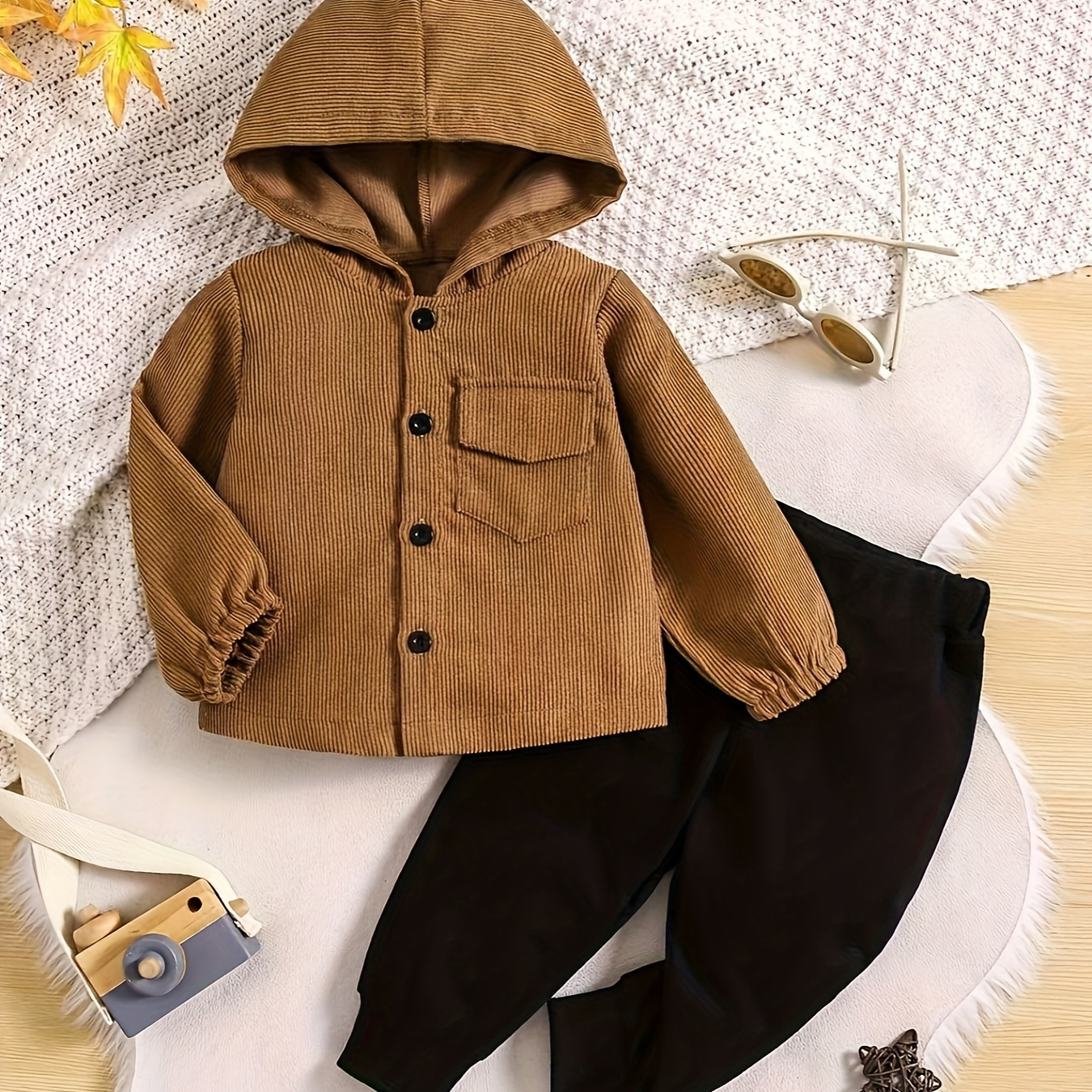 

2pcs Baby's Casual Long Sleeve Corduroy Set, Hooded Shirt & Pants, Baby Boy's Clothing, As Gift