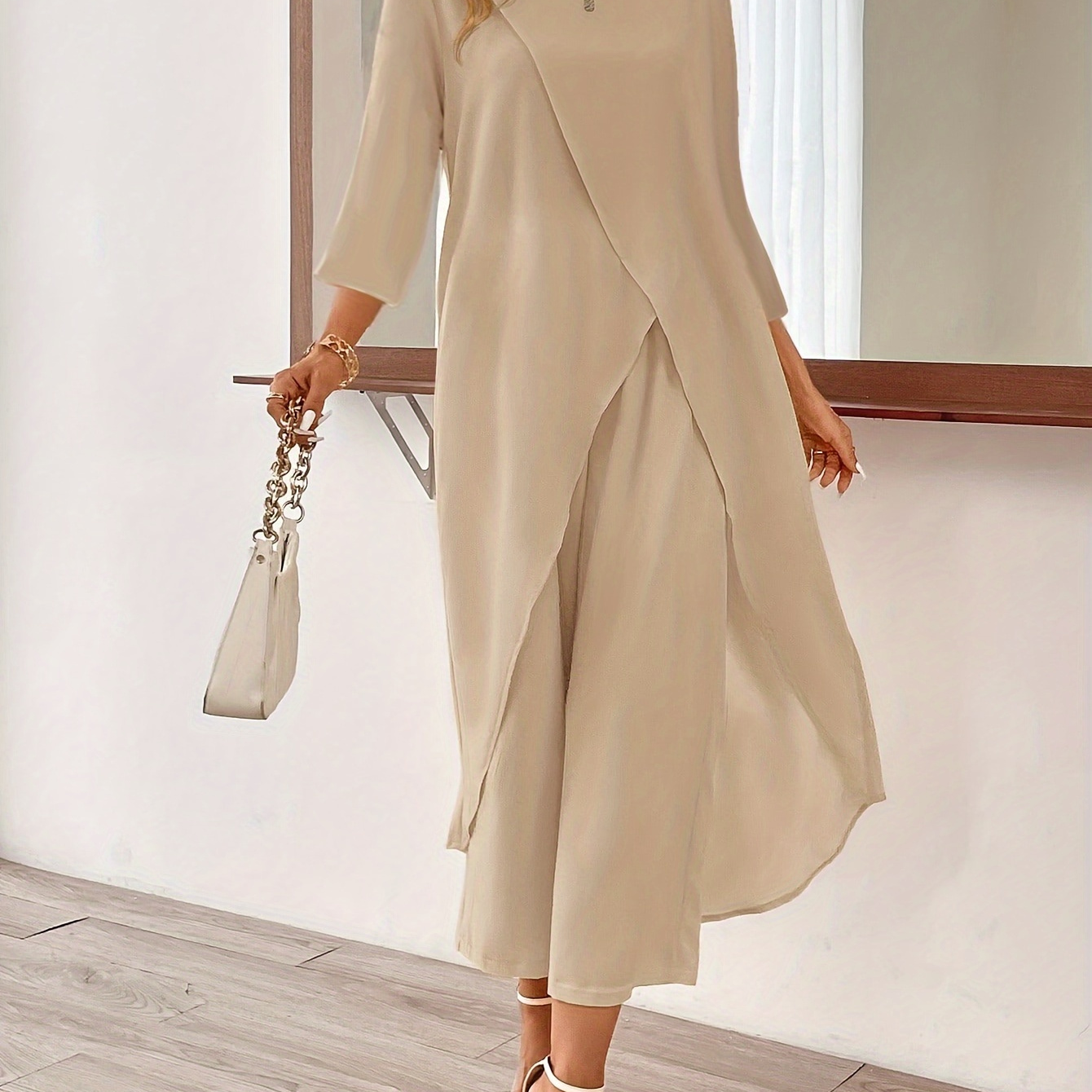 

Solid Color Stylish Pantsuits, Three-quarter Sleeve Crew Neck High Low Hem Top & Wide Leg Cropped Pants Outfits, Women's Clothing