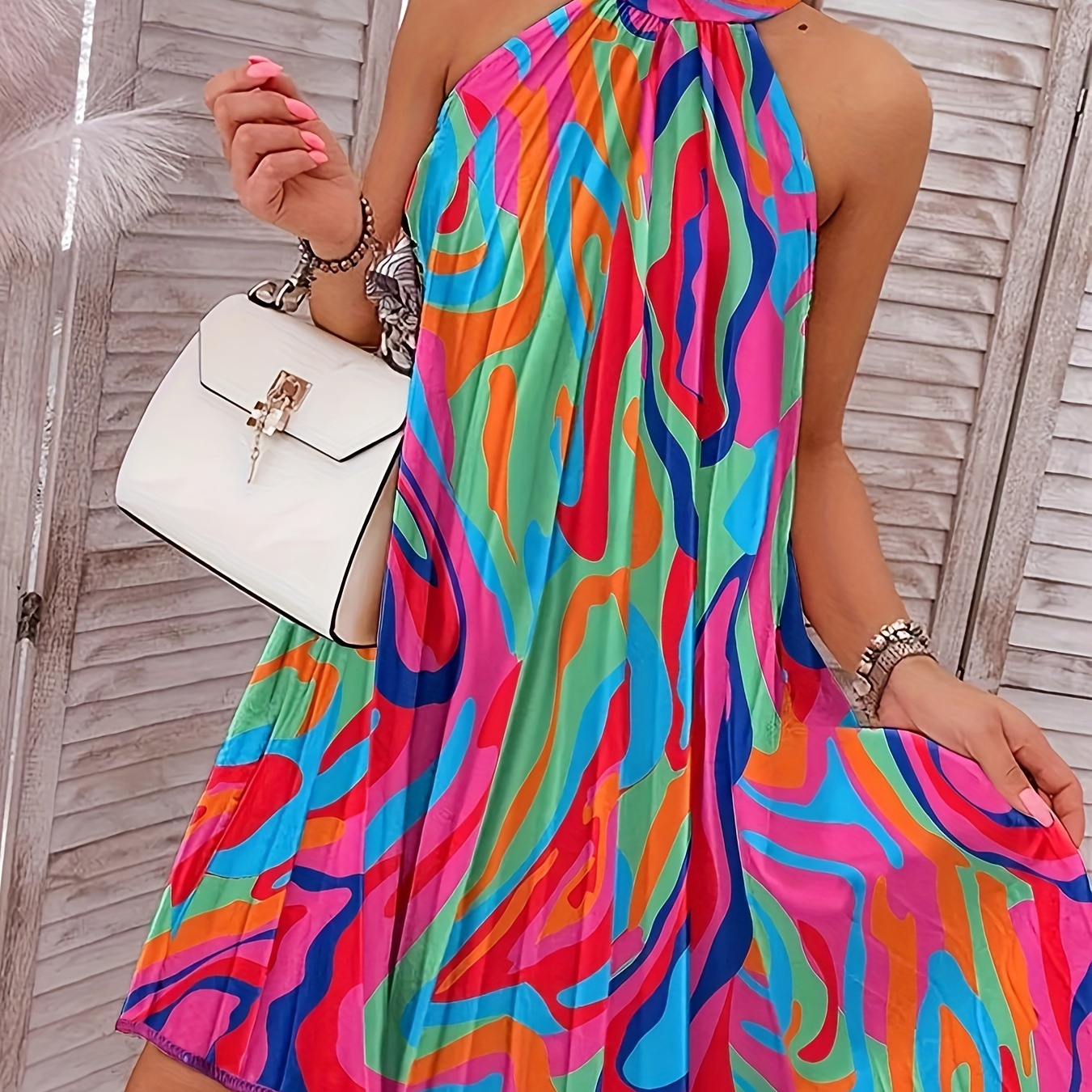 Abstract Print Pleated Dress Sexy Halter Neck Backless Dress - Temu