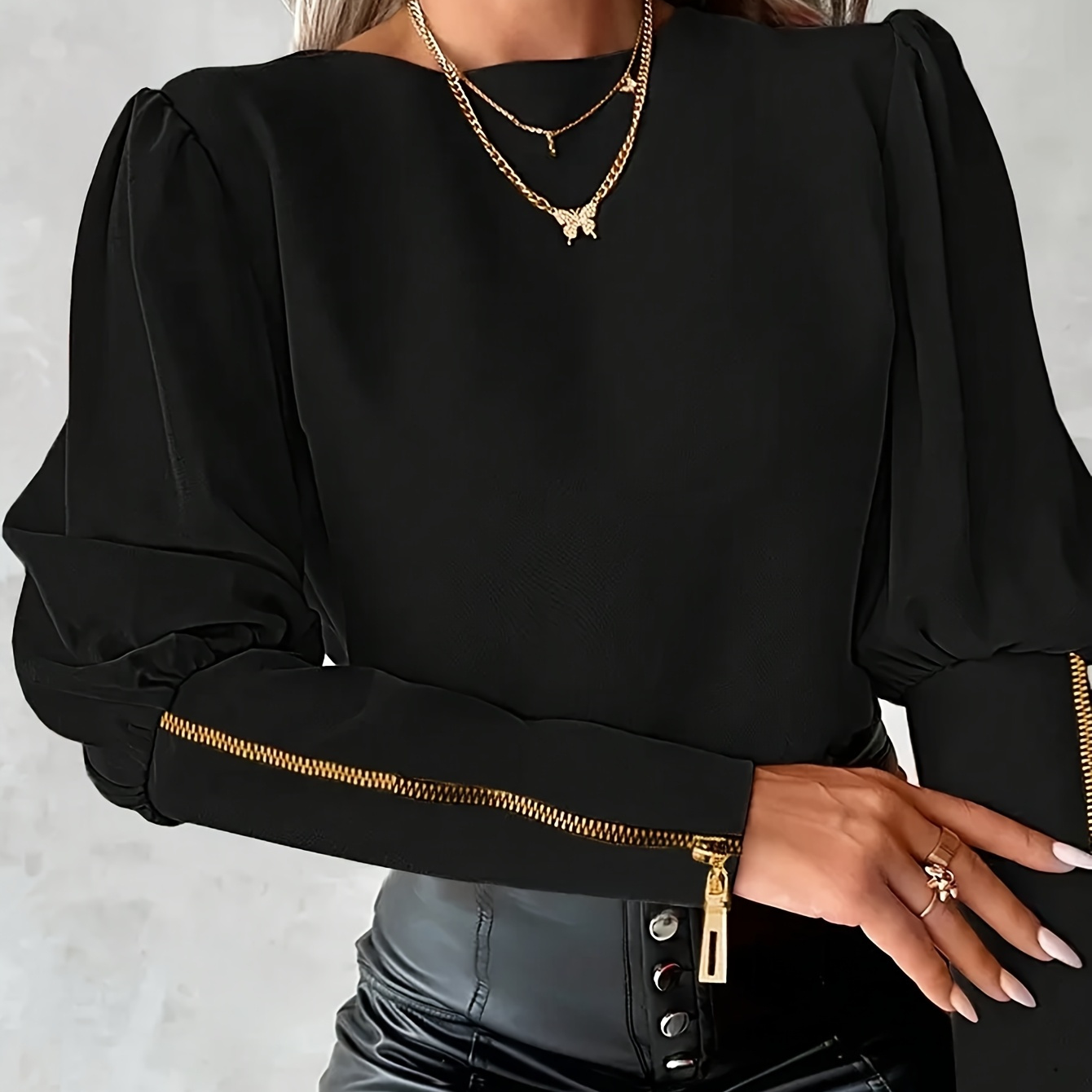 

Elegant Solid Color Pullover Blouse With Zipper Detail - Long Sleeve, Crew Neck, Polyester - Machine Washable - Spring & Fall, , Zipper Decor