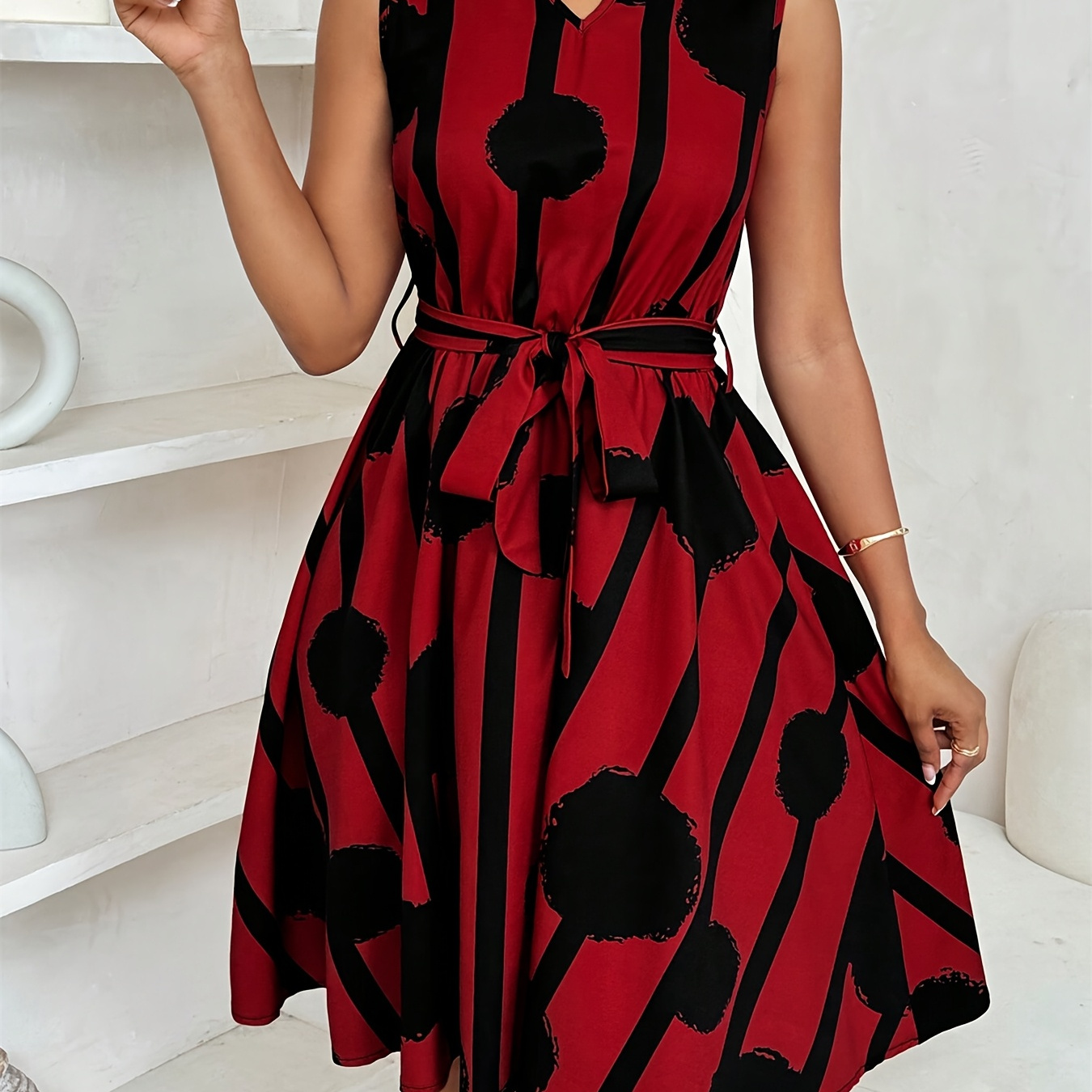 

Print Dress For Women - Sleeveless Notched V-neck With Tie Waist, Knee-length Summer Skirt Set, Shawl,