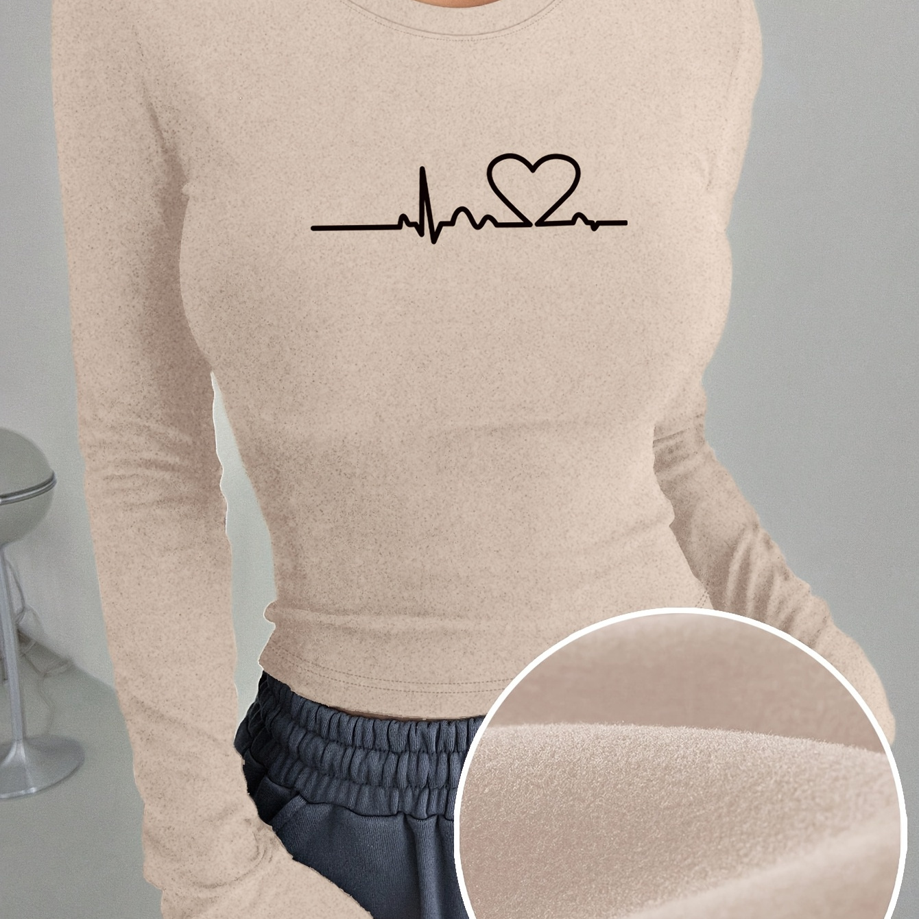 

Elegant Long Sleeve Crew Neck T-shirt With Heartbeat Graphic - Polyester And Spandex , Knit Fabric With Medium Stretch, Applique Detail, Slim Fit Pullover For Fall/winter