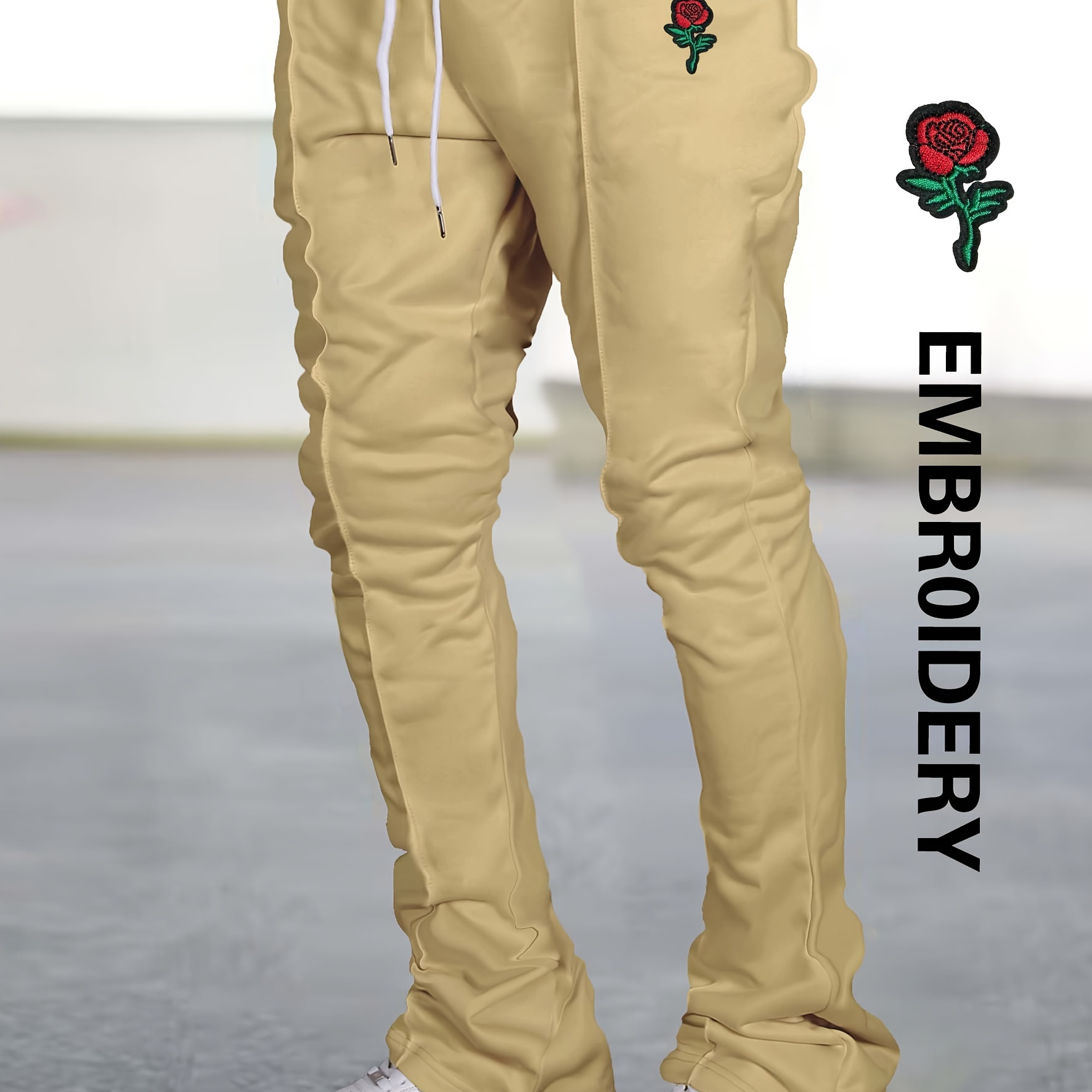 

Red Rose Print Embroidery, Men's Jogger Pants, Drawstring Sweatpants, Loose Casual Trousers For Spring Autumn Running Jogging Outdoor Fitness Holiday Daily Commute Dates