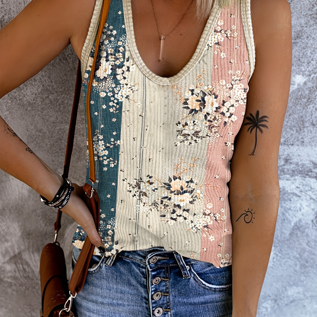 

Floral Print Colorblock Tank Top, Casual Sleeveless Crew Neck Top, Women's Clothing