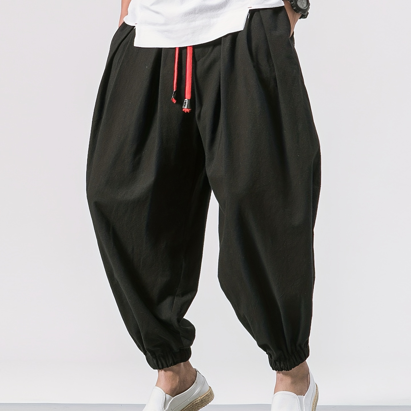 

Men's Stylish Harem Pants, Casual Cotton Drawstring Hip Hop Loose Pants For Outdoor, Men's Clothing
