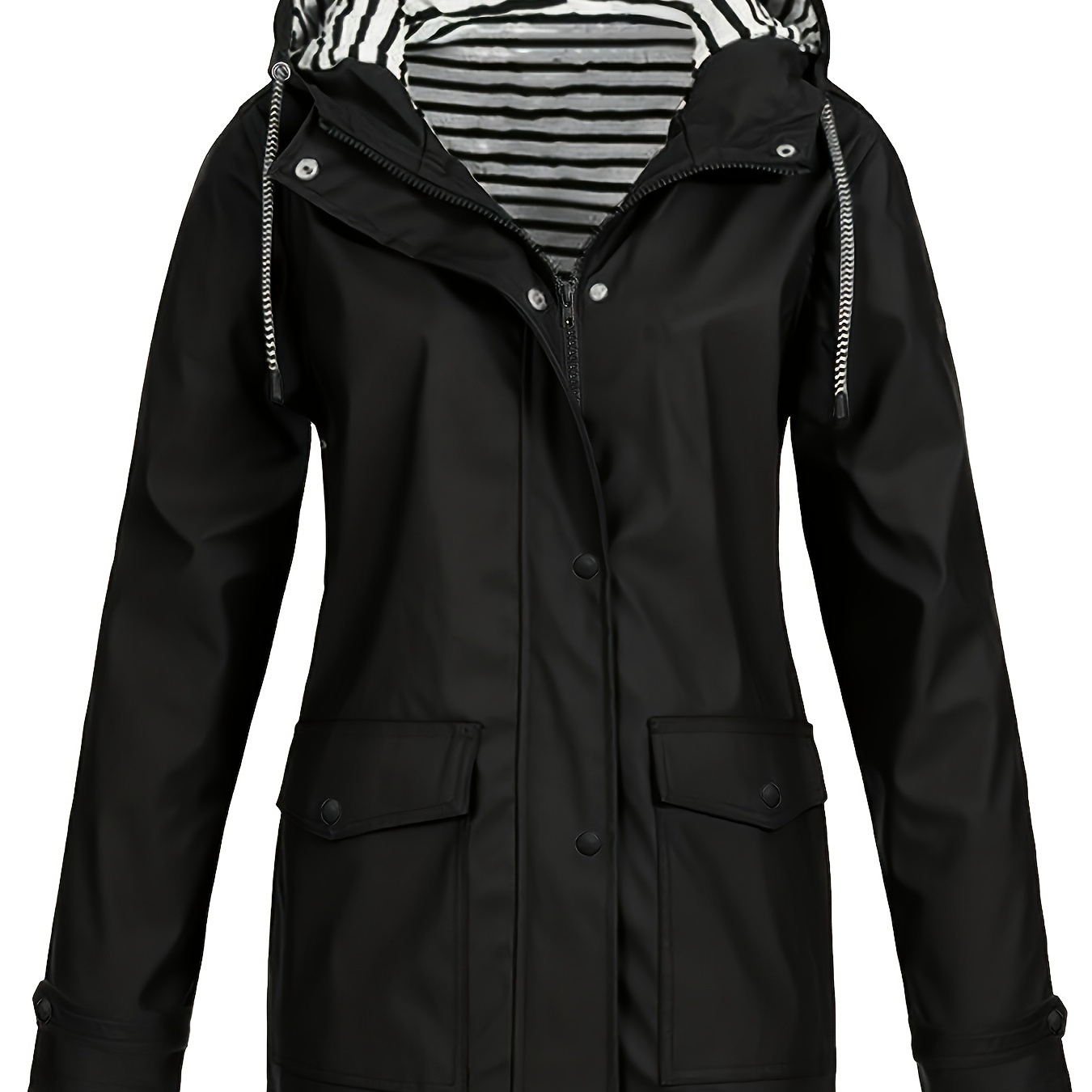 

Women's Waterproof Hooded Jacket - Casual Striped, Button-up Outdoor Coat With Pockets, Machine Washable