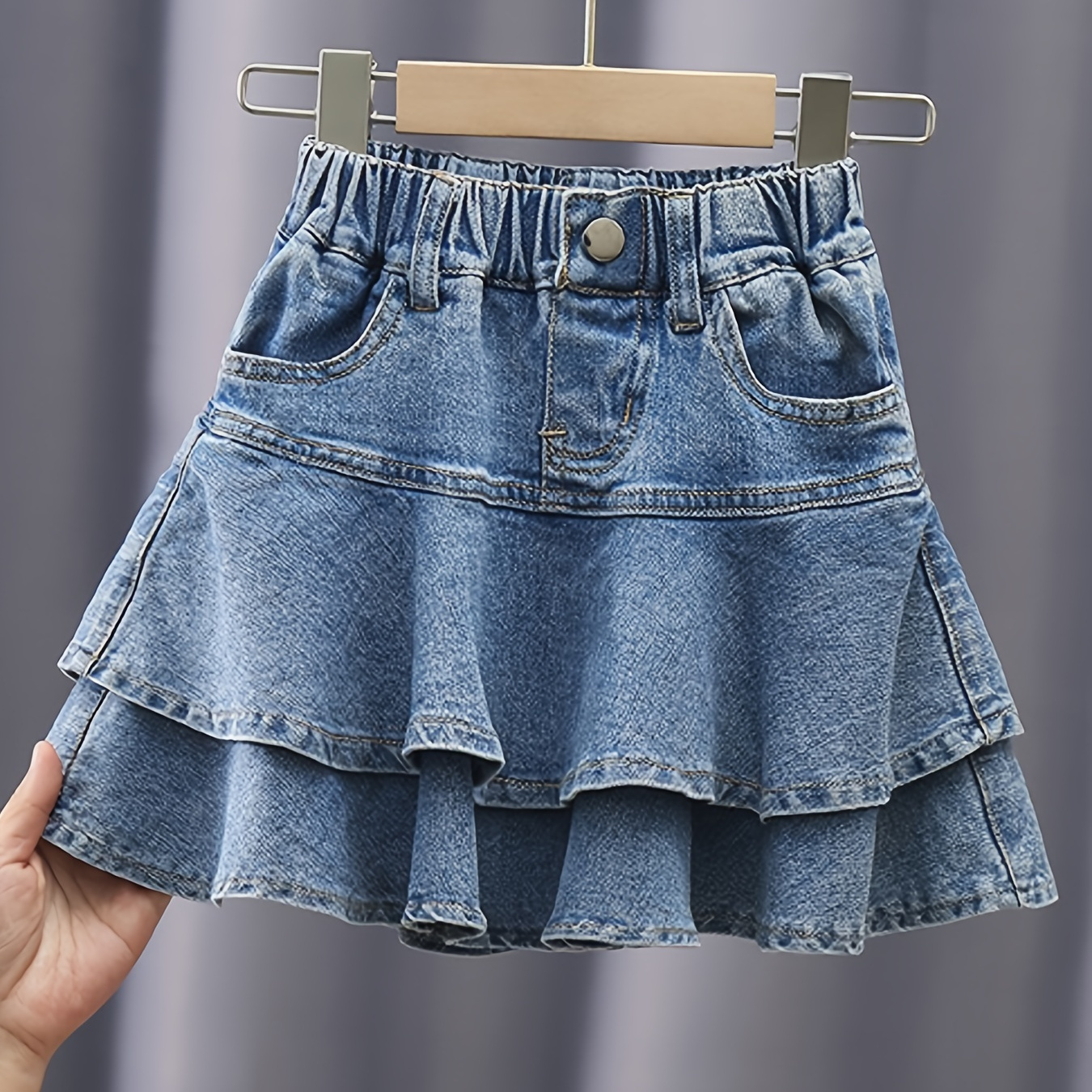 

Trendy Layered Denim Skirt With Pocket Girls Comfy Skirt For Summer, K-pop