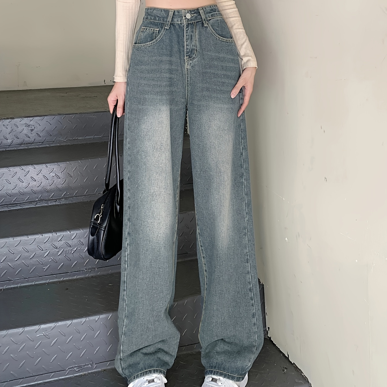 

Vintage High Waist Wide Leg Jeans For Women, Casual Loose Fit Denim Pants, Floor-length Trousers