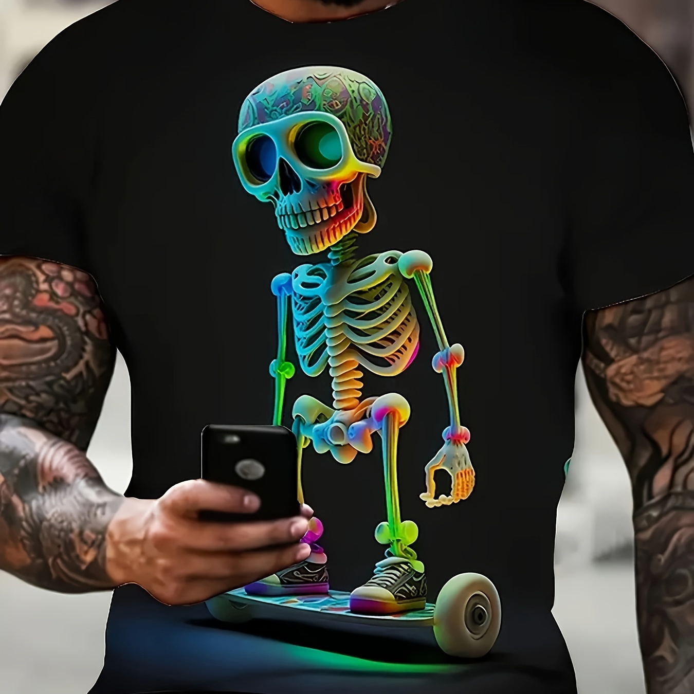 

Men's Skeleton Print T-shirt, Casual Short Sleeve Crew Neck Tee, Men's Clothing For Outdoor