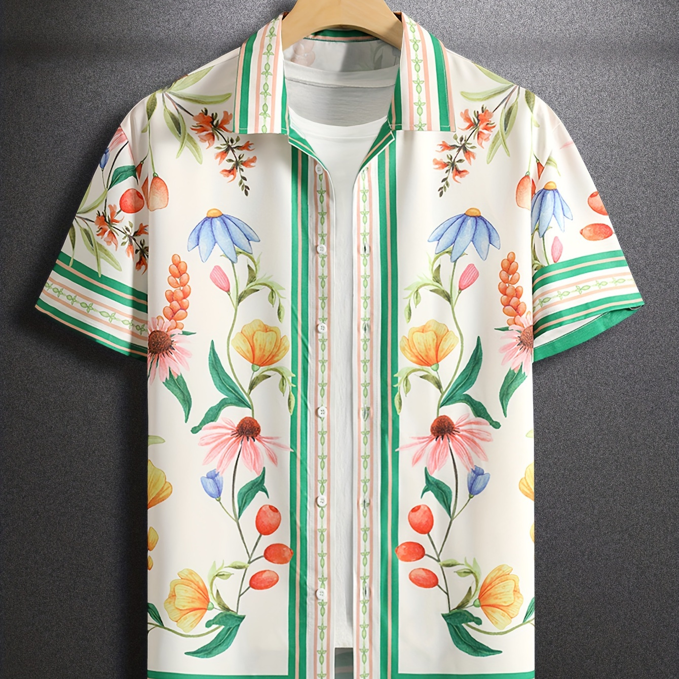 

3d Flower Pattern Print Men's Short Sleeve Button Up Lapel Shirt For Summer Holiday Resort, Hawaiian Style Shirt