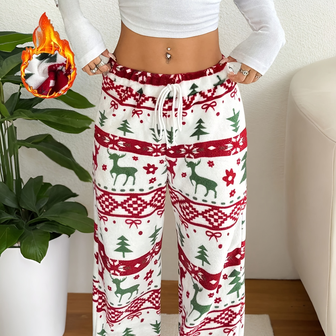 

Cozy Christmas-themed Plush Women's Straight Leg Pants With Drawstring Waist - Casual, Machine Washable For Fall/winter