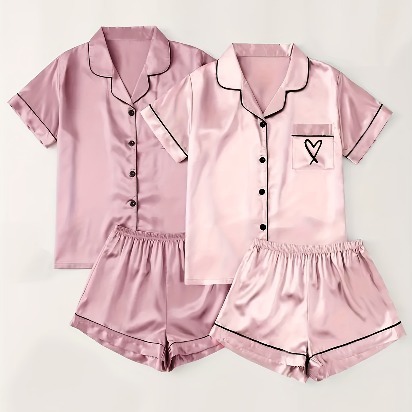 

2 Pcs Casual Heart Print Satin Pajama Set, Short Sleeve Button Up Lapel Collar Top & Shorts, Women's Loungewear & Sleepwear