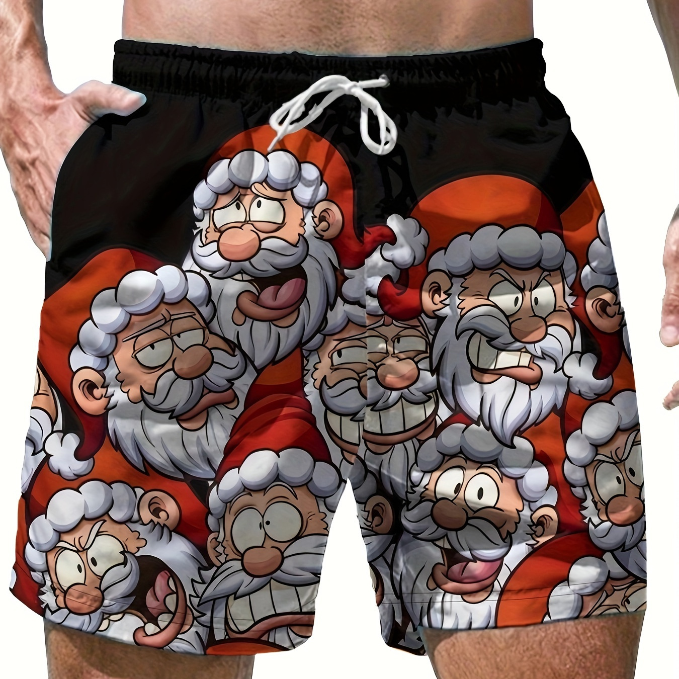 

Christmas Santa Claus Pattern Casual Shorts For Men - 100% Polyester Fabric With Slight Stretch, Loose Fit Woven Shorts With Print