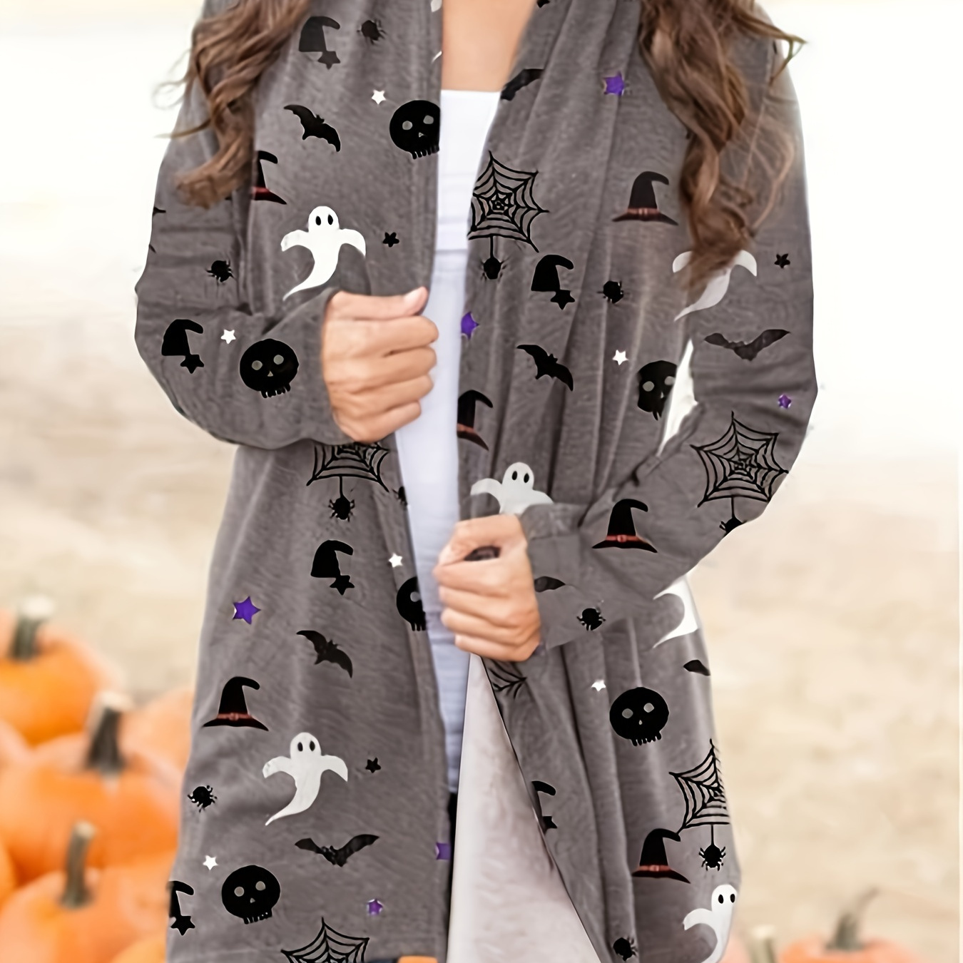 Halloween Print Open Front Cardigan, Casual Long Sleeve Cardigan For Spring & Fall, Women's Clothing