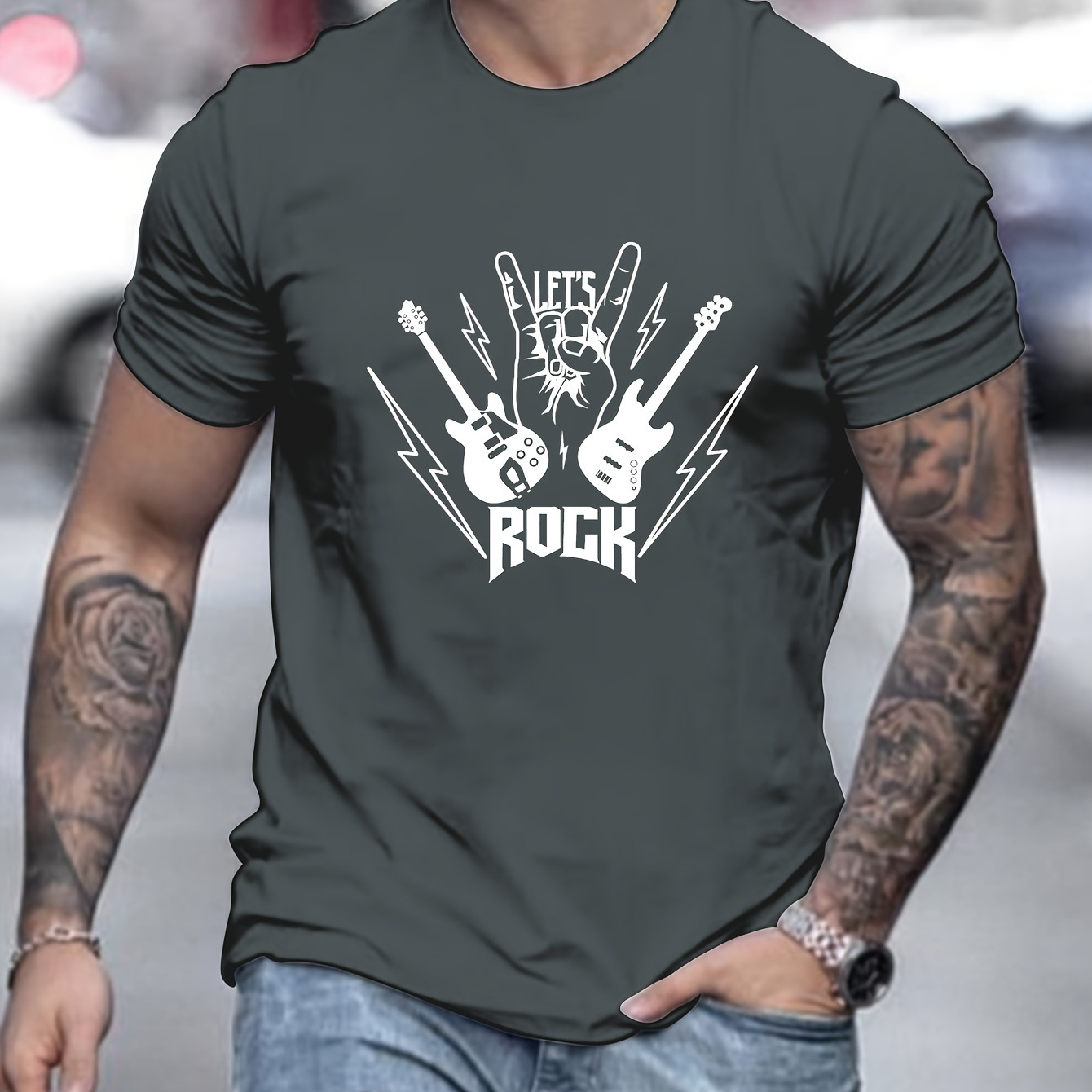 

Rock Guitar Graphic Men's Short Sleeve T-shirt, Comfy Stretchy Trendy Tees For Summer, Casual Daily Style Fashion Clothing