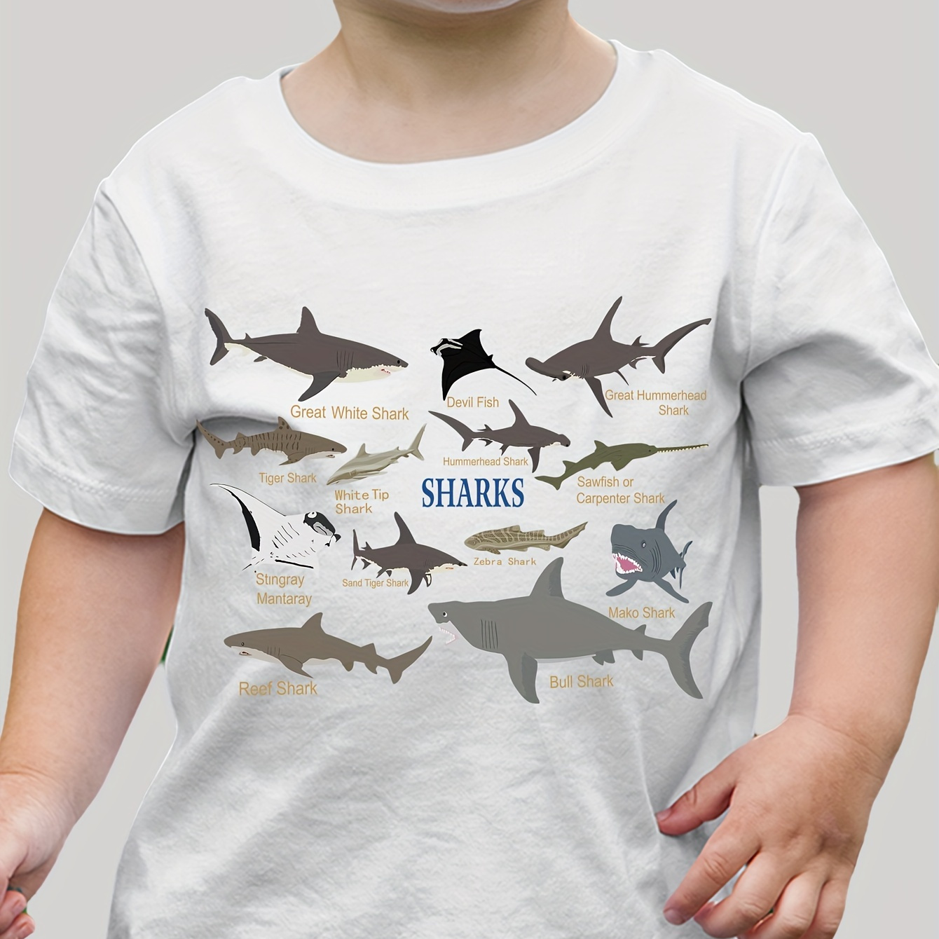 

100% Cotton Letters Print Cartoon Sharks Graphic Short Sleeve Crew Neck T-shirt, Casual Breathable Tee Tops Summer Gift, Boys' Clothing