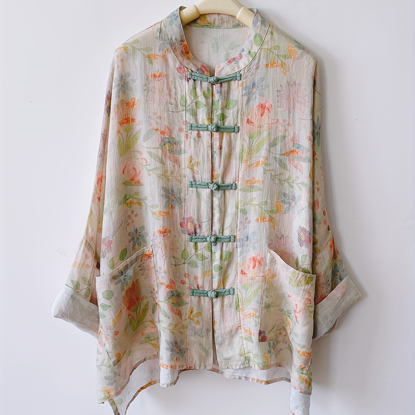 

Floral Pattern Long Sleeve Blouse, Chinese Style Plate Buckle Patched Pockets Blouse, Women's Clothing