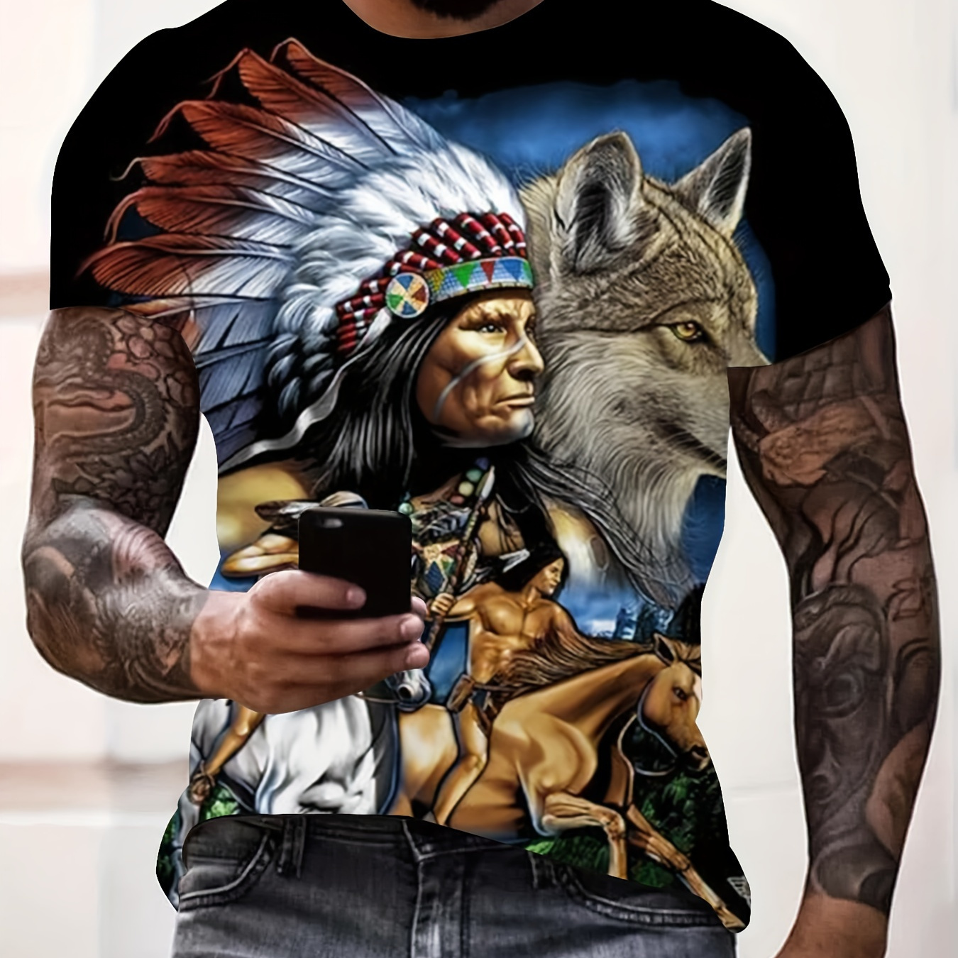 

Tribal And Wolf 3d Graphic Print Men's Novelty Short Sleeve Crew Neck T-shirt, Summer Outdoor