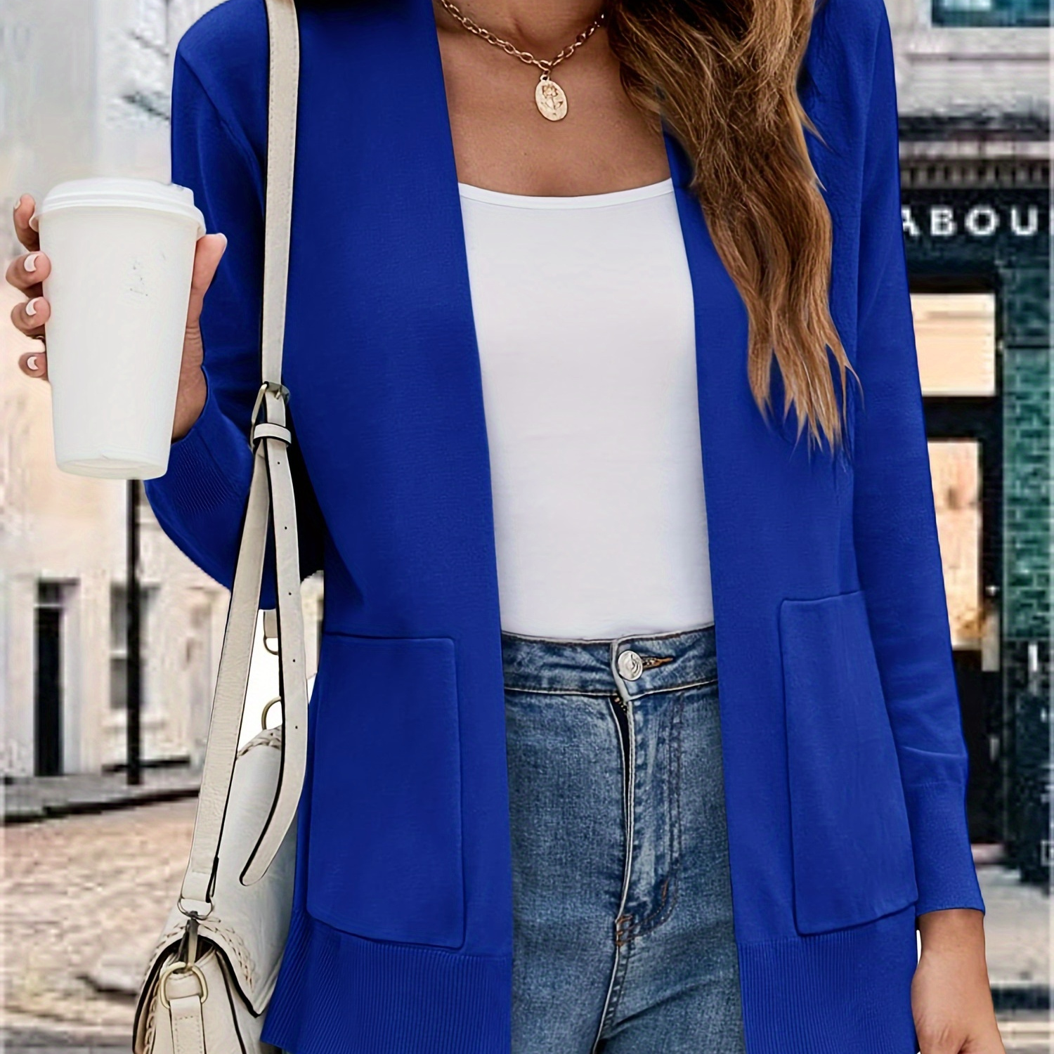 

Solid Color Open Front Cardigans, Casual Side Pockets Long Sleeve Knitted Cardigans Top For Spring & Fall, Women's Clothing