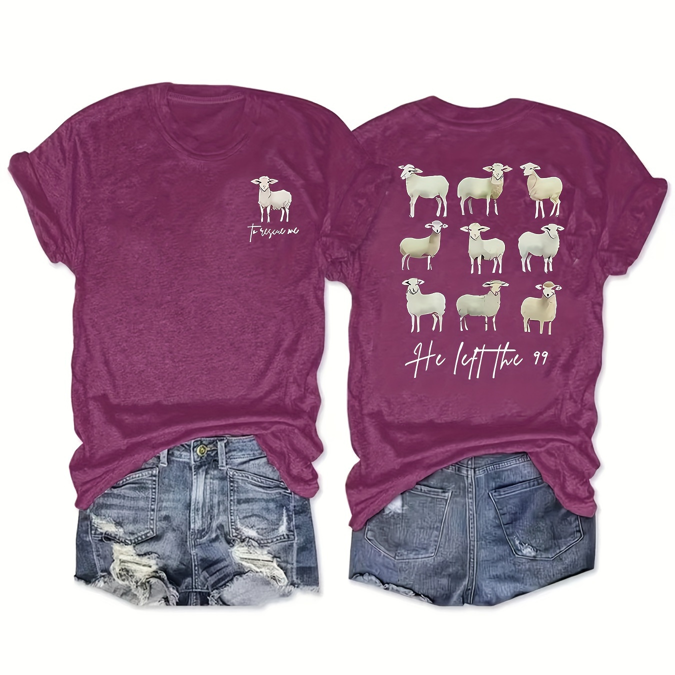 

Sheep Print Crew Neck T-shirt, Casual Short Sleeve Top For Spring & Summer, Women's Clothing